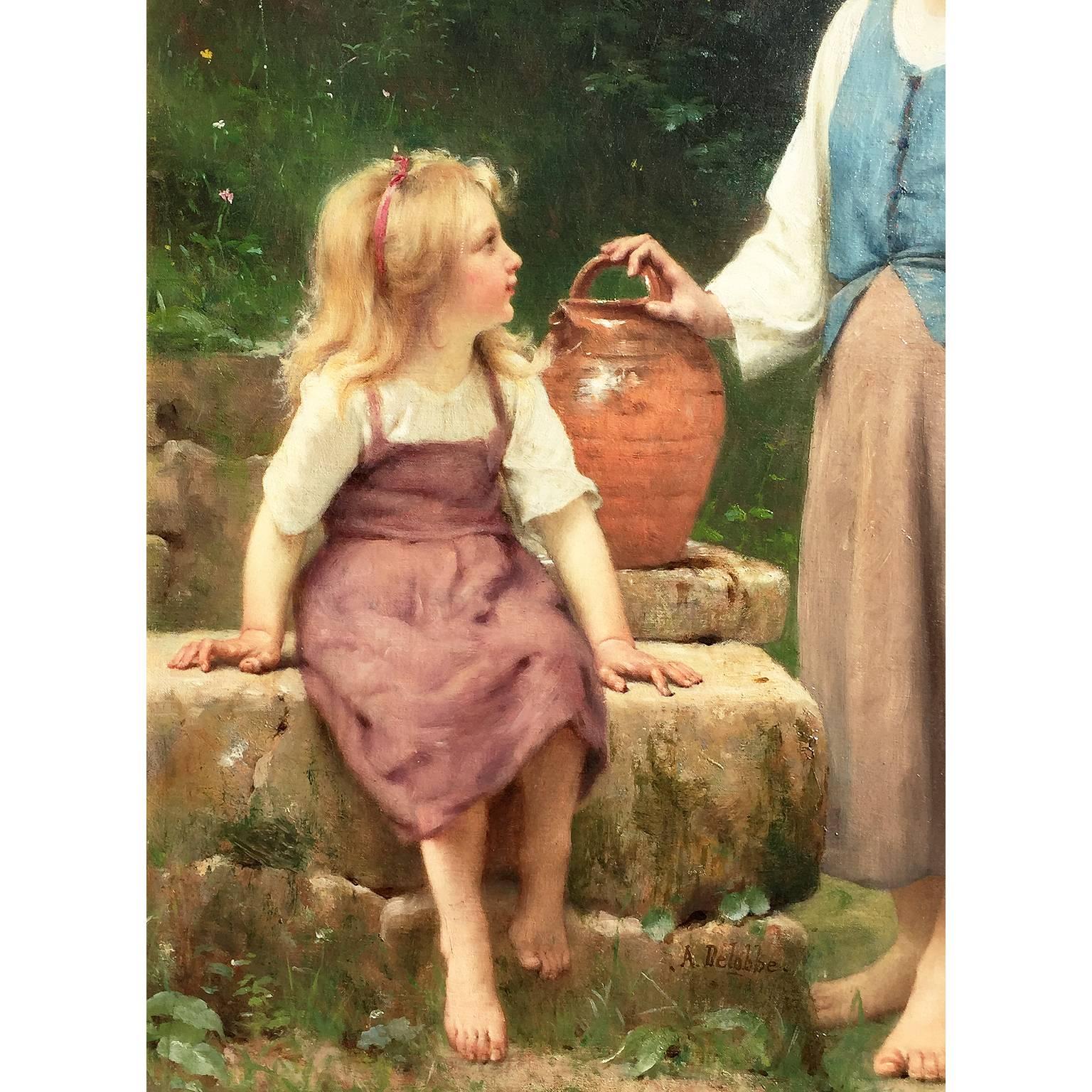 Ölgemälde auf Leinwand „Der kleine Nachbar“, Französisch, Francois-Alfred Delobbe, 1835-1920 (Geschnitzt) im Angebot