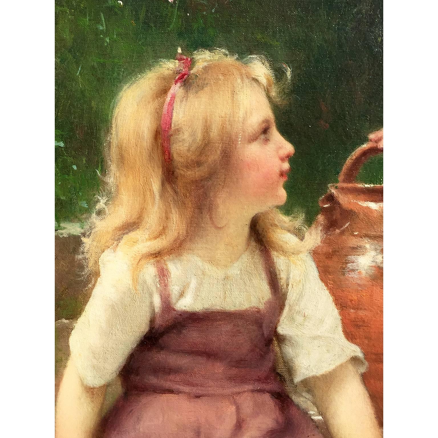 Ölgemälde auf Leinwand „Der kleine Nachbar“, Französisch, Francois-Alfred Delobbe, 1835-1920 im Zustand „Gut“ im Angebot in Los Angeles, CA