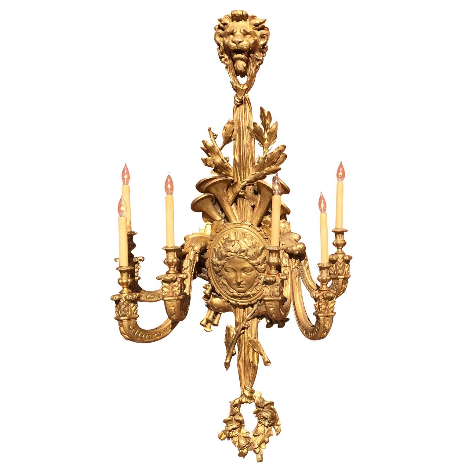 Palatial Pair of French 19th Century Louis XV Style Giltwood Carved Wall Lights In Good Condition For Sale In Los Angeles, CA