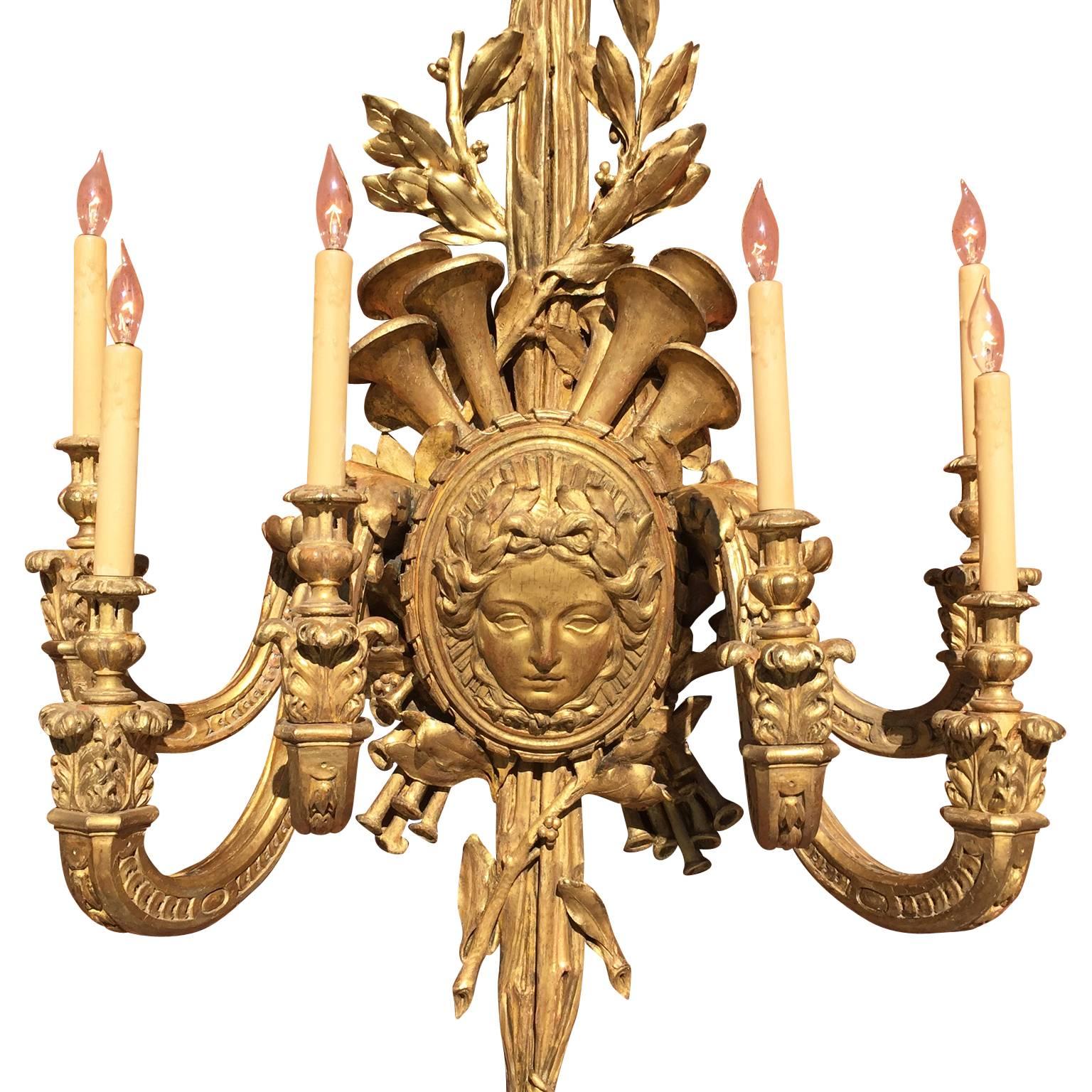 Wood Palatial Pair of French 19th Century Louis XV Style Giltwood Carved Wall Lights For Sale
