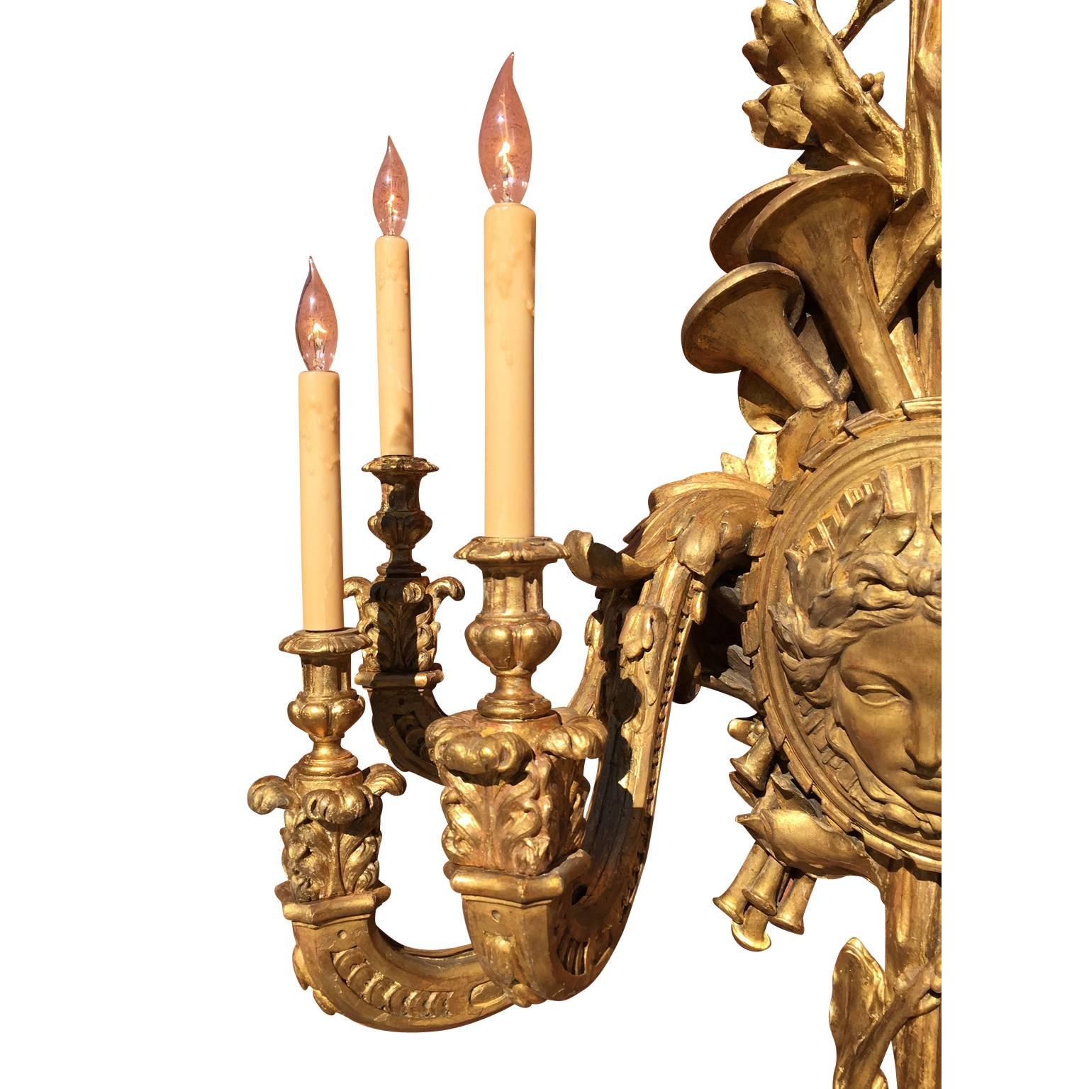 Palatial Pair of French 19th Century Louis XV Style Giltwood Carved Wall Lights For Sale 3