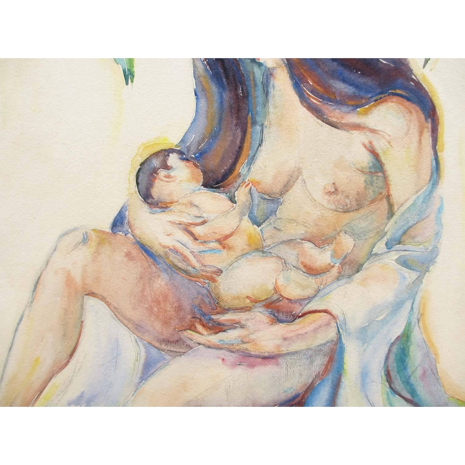 Gilt Donna Schuster “Mother and Child” Watercolor, Pencil and Gouache For Sale
