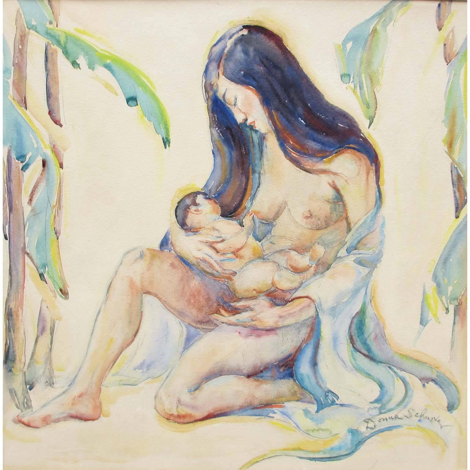 Donna schuster (1883-1953) “Mother and Child” watercolor, pencil and gouache within a giltwood carved frame and protective glass. Signed ‘Donna Schuster’ (Lower Right), circa 1920-1930.

Donna Norine Schuster was born in Milwaukee, Wisconsin on