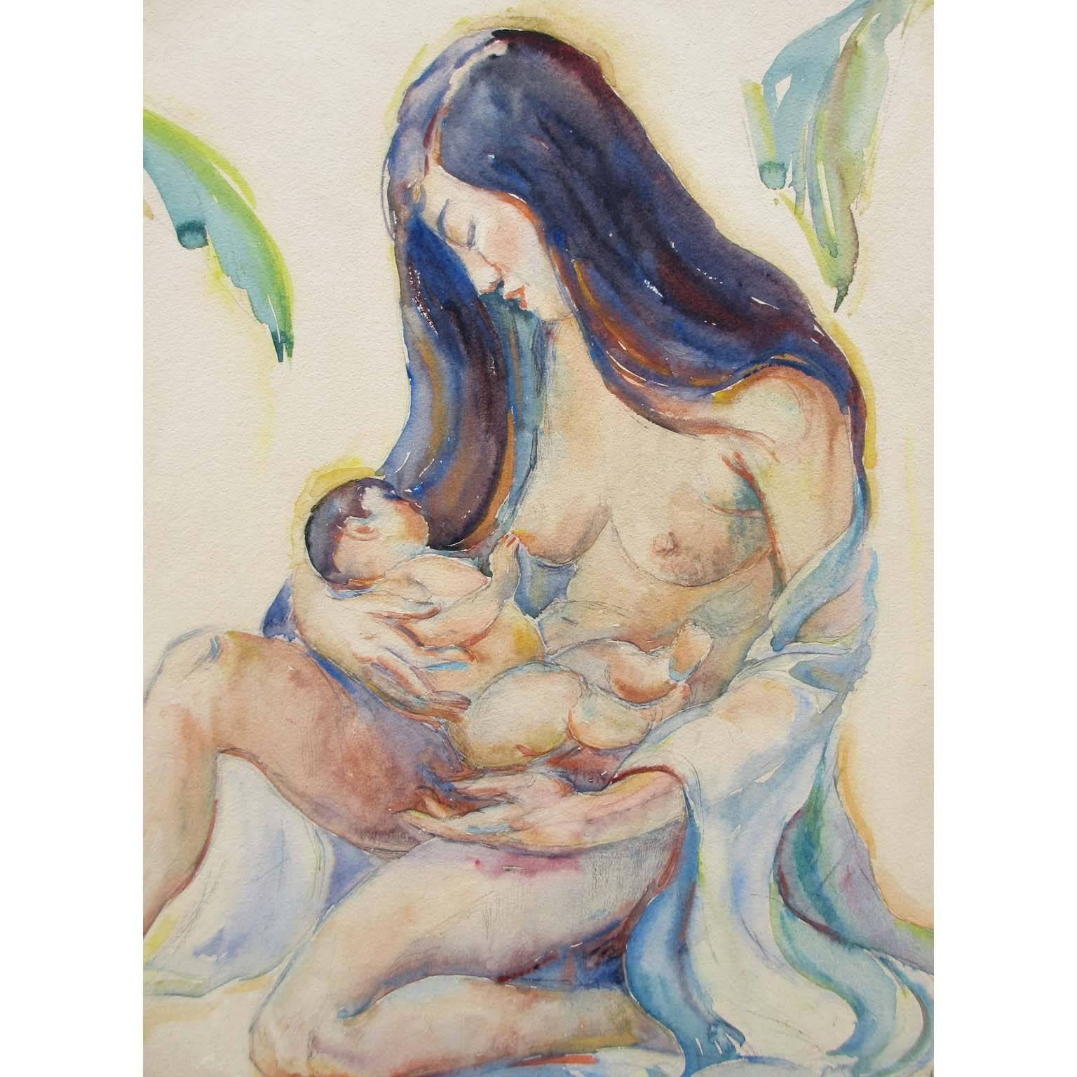 American Donna Schuster “Mother and Child” Watercolor, Pencil and Gouache For Sale