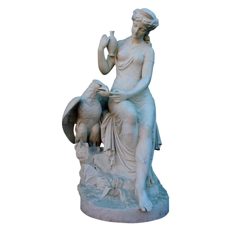 Italian 19th Century Life Size Marble Group "Hebe and Eagle" by Aristide Fontana For Sale