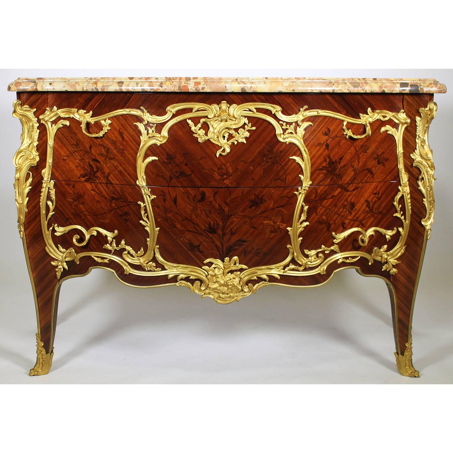 French Fine Pair of 19th Century Louis XV Style Gilt Bronze-Mounted Commodes For Sale
