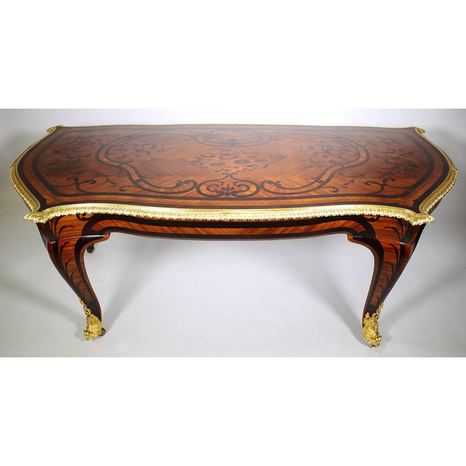 French 19th Century Louis XV Style Kingwood Marquetry Ormolu-Mounted Desk Table For Sale 1