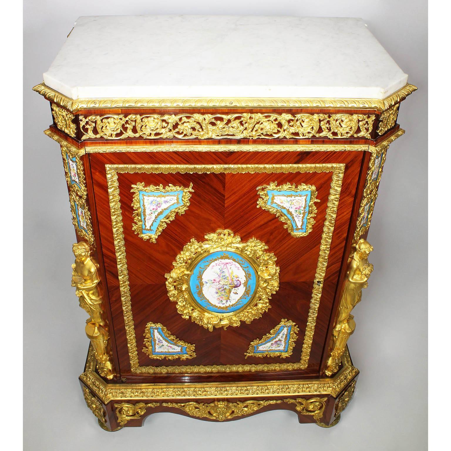 Pair of French Napoleon III Figural Ormolu and Porcelain Mounted Side-Cabinets For Sale 3