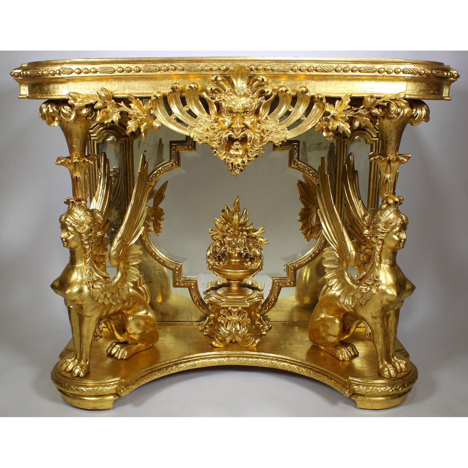 French Empire Revival 19th Century Giltwood Carved Figural Console and Mirror For Sale 2