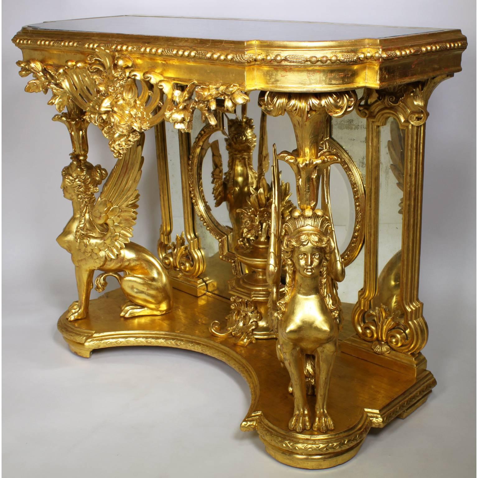 French Empire Revival 19th Century Giltwood Carved Figural Console and Mirror For Sale 1
