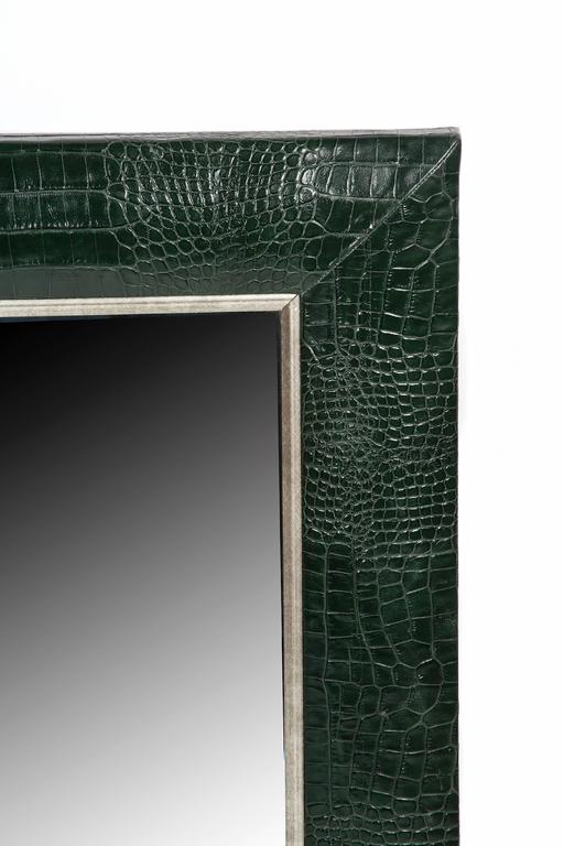 Classic Hunter Green Croc Leather Framed Mirror With Silver Details