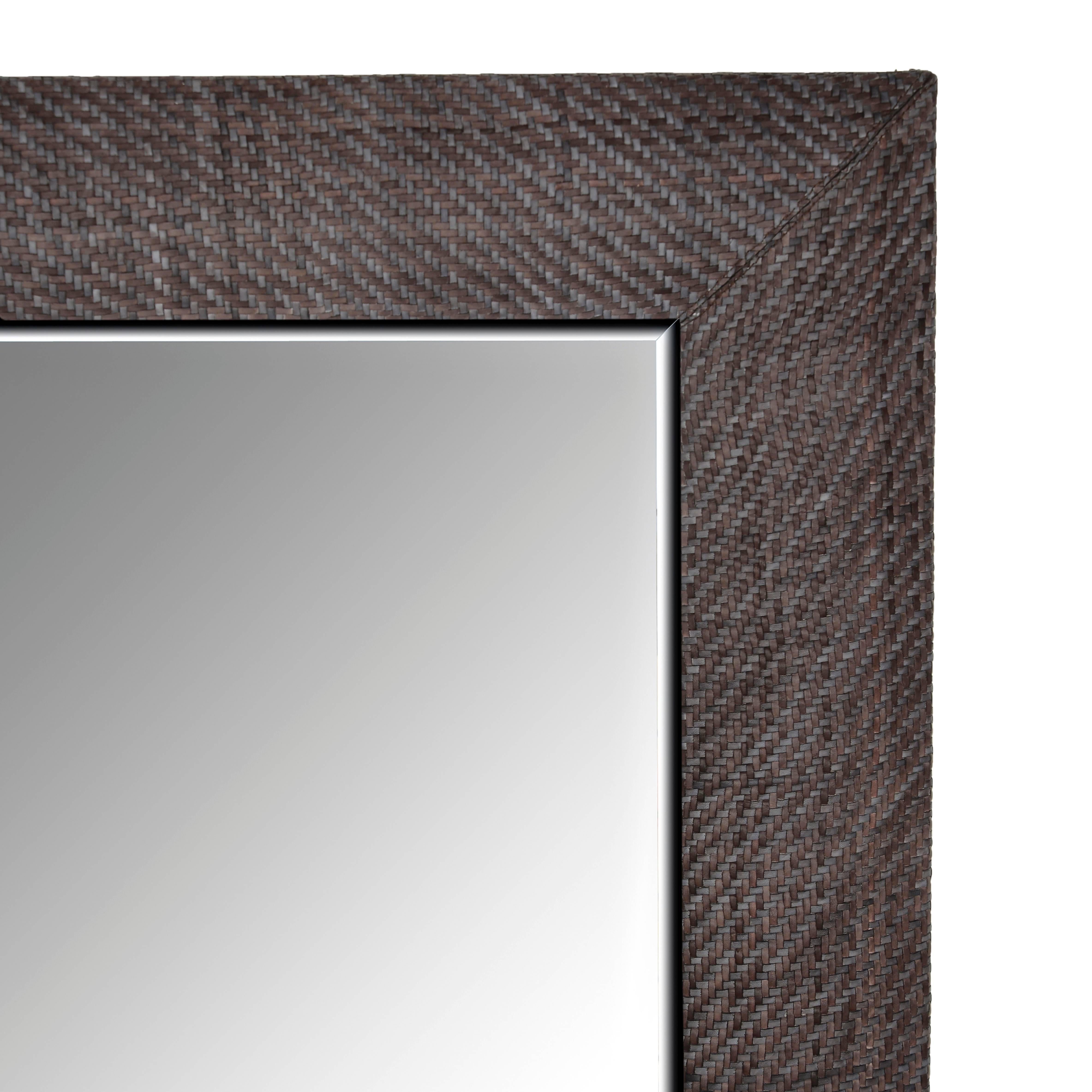 Hand-woven denim weave leather framed mirror in London storm grey.

Measures 28 x 32