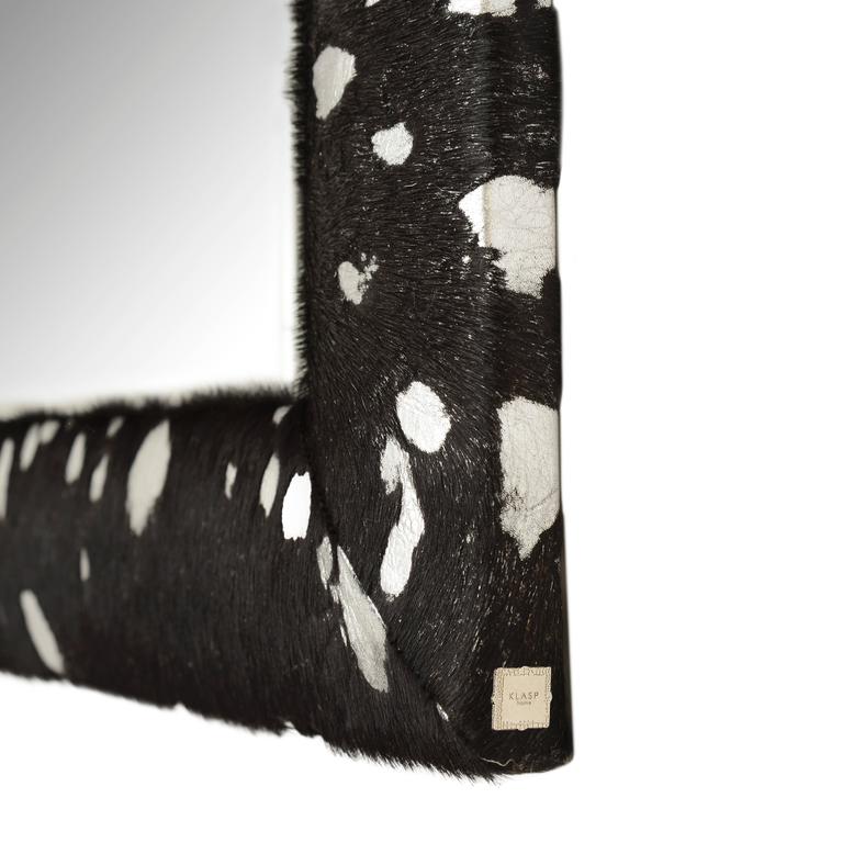 Contemporary Black and Silver Metallic Hairon Hide Framed Beveled Mirror at 1stDibs