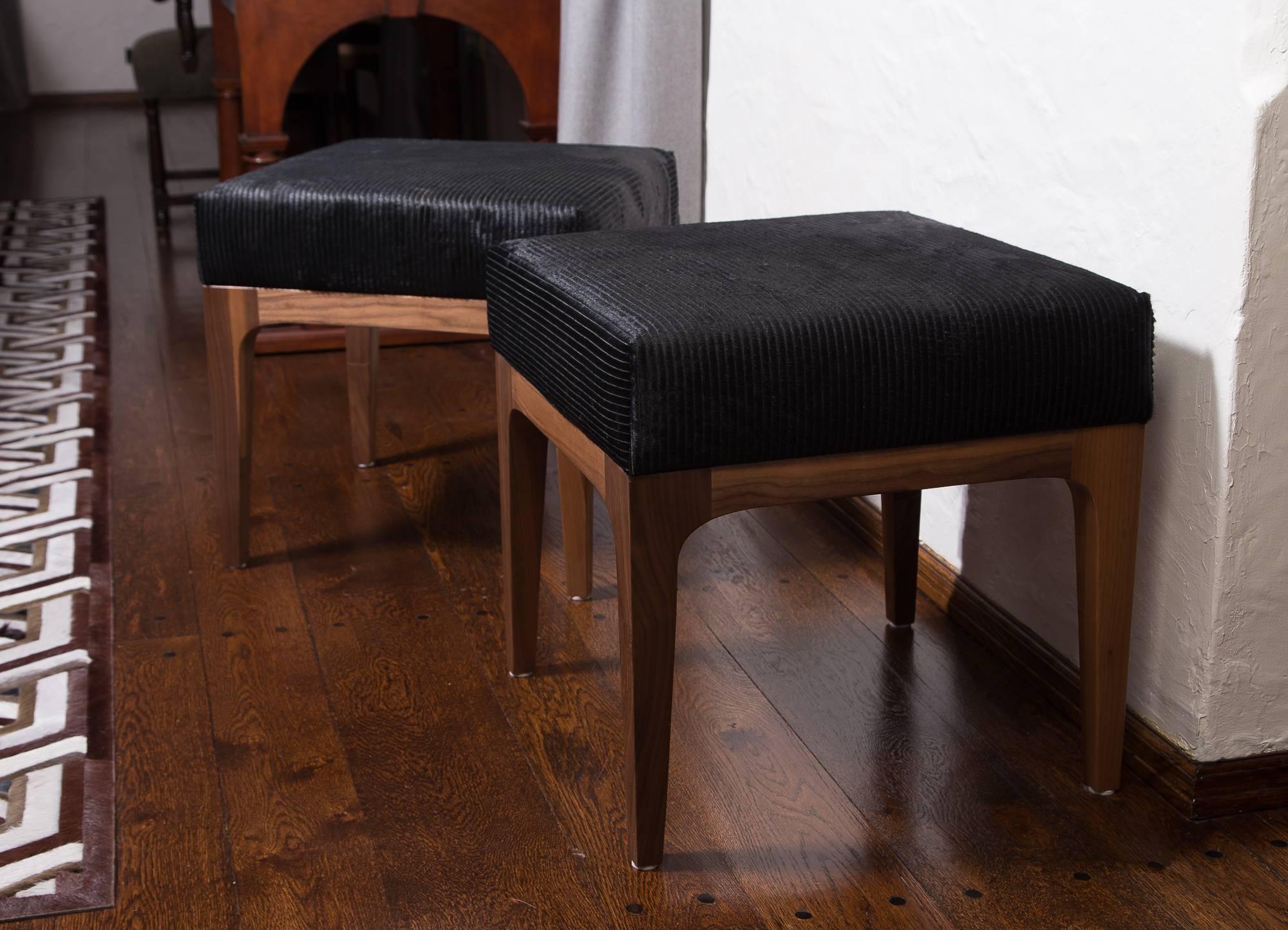 American PAIR of Mid-Century Modern Style Laser Cut Black Cowhide Walnut Ottomans