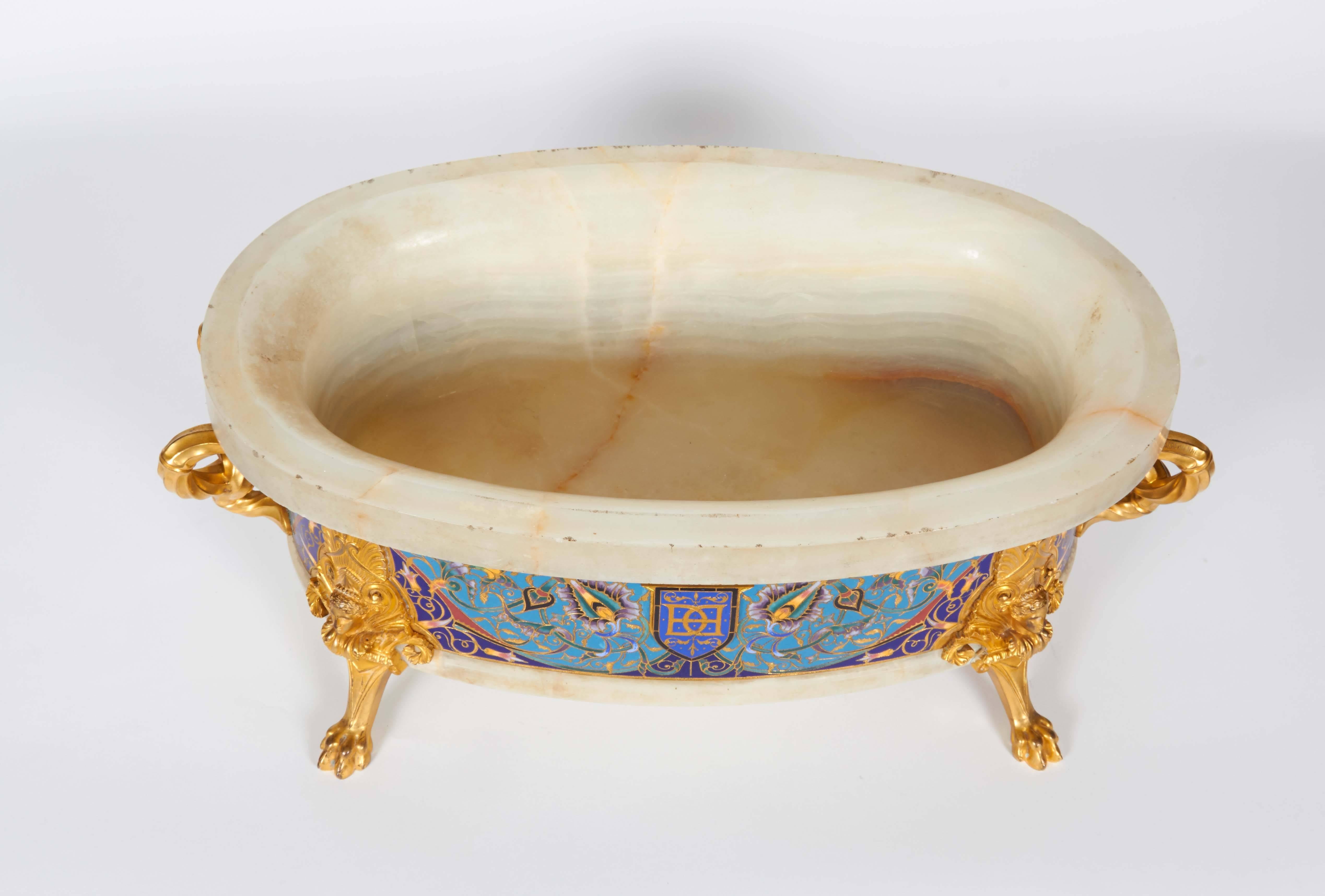 Ormolu Cloisonné Champleve Enamel Onyx Jardiniere Centerpiece, F. Barbedienne In Excellent Condition In New York, NY