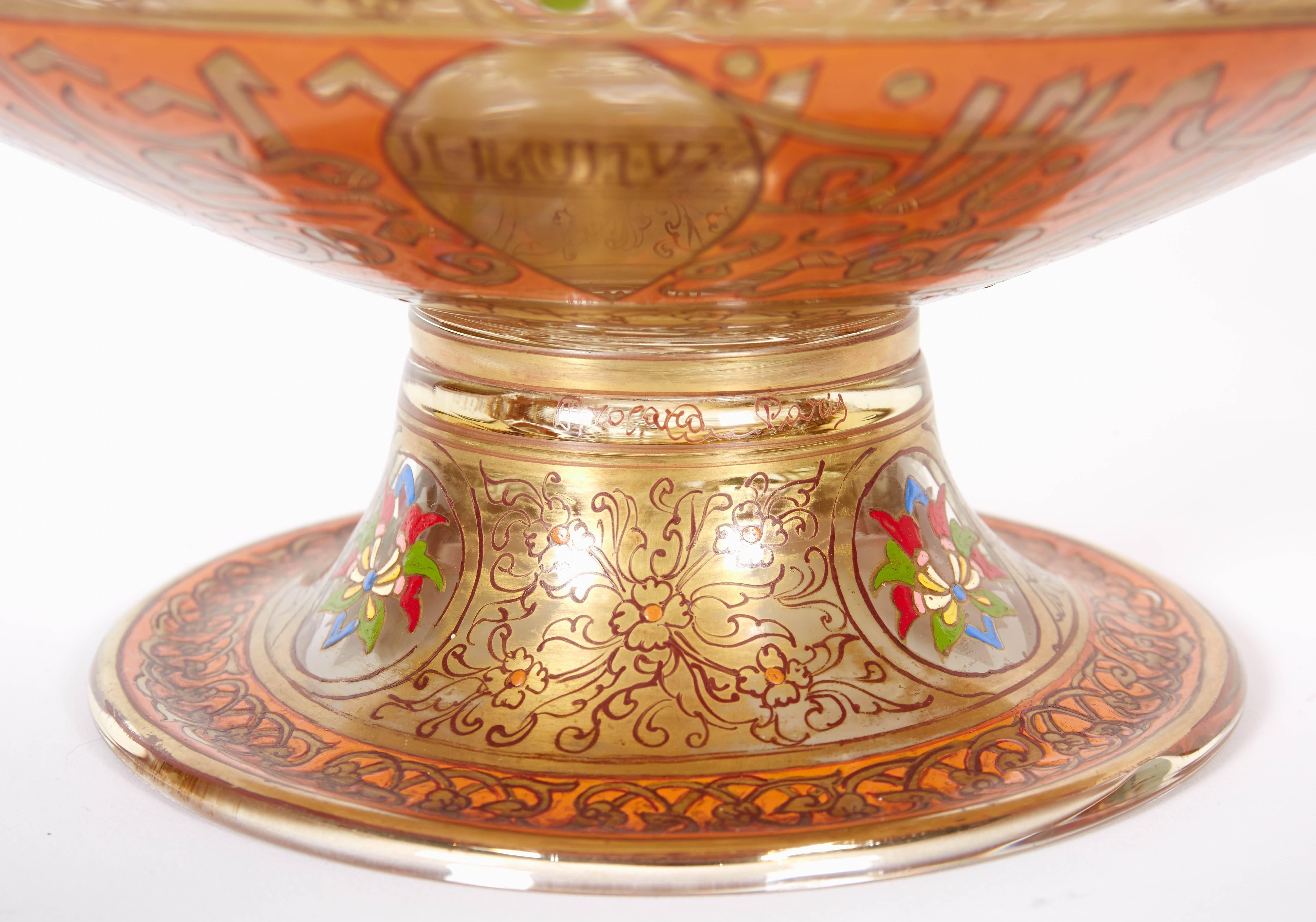 19th Century Pair of French Enameled Mamluk Revival Glass Mosque Lamp Philippe Joseph Brocard
