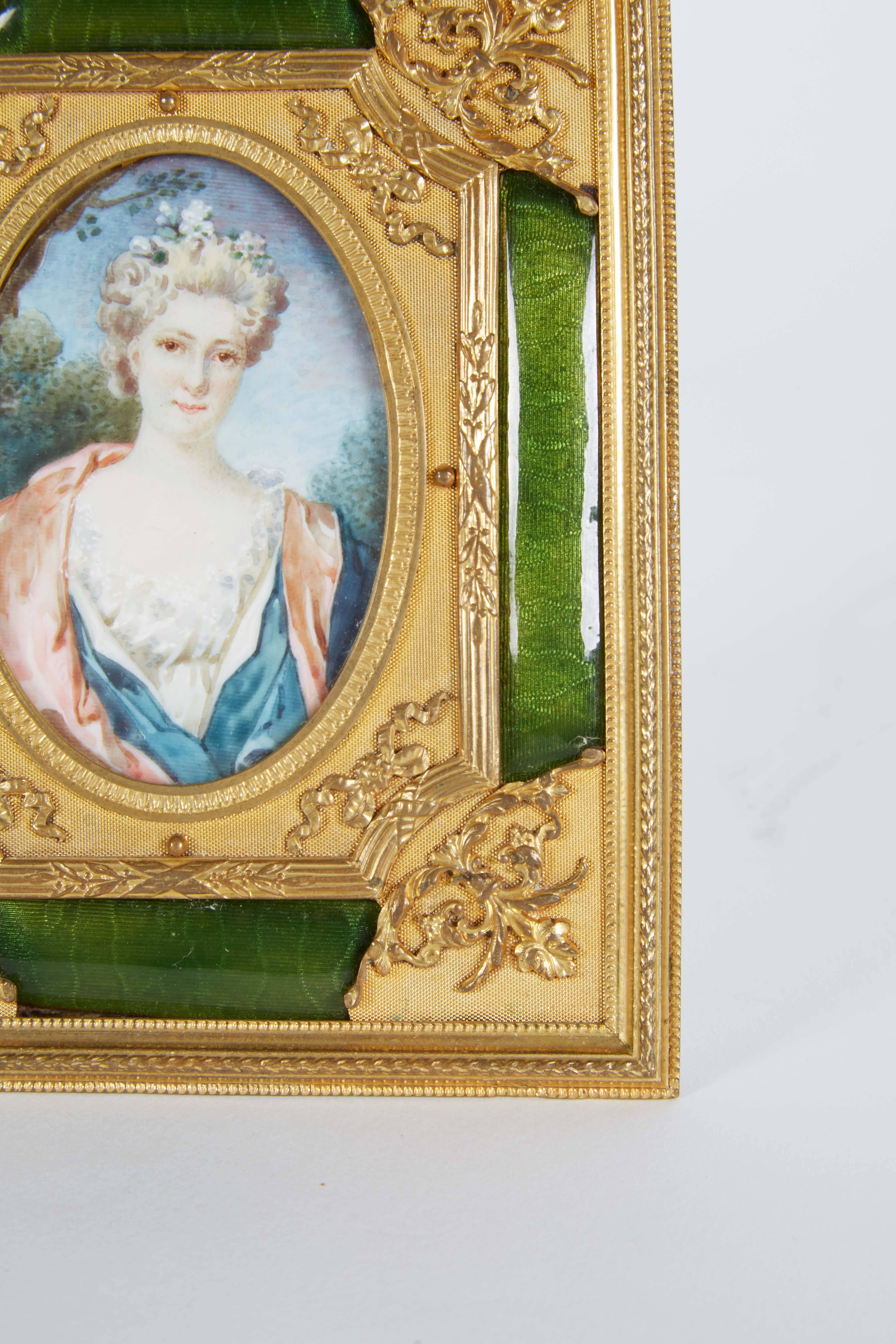 19th Century French Gilt Bronze Ormolu and Green Guilloche Enamel Picture Photo Frame