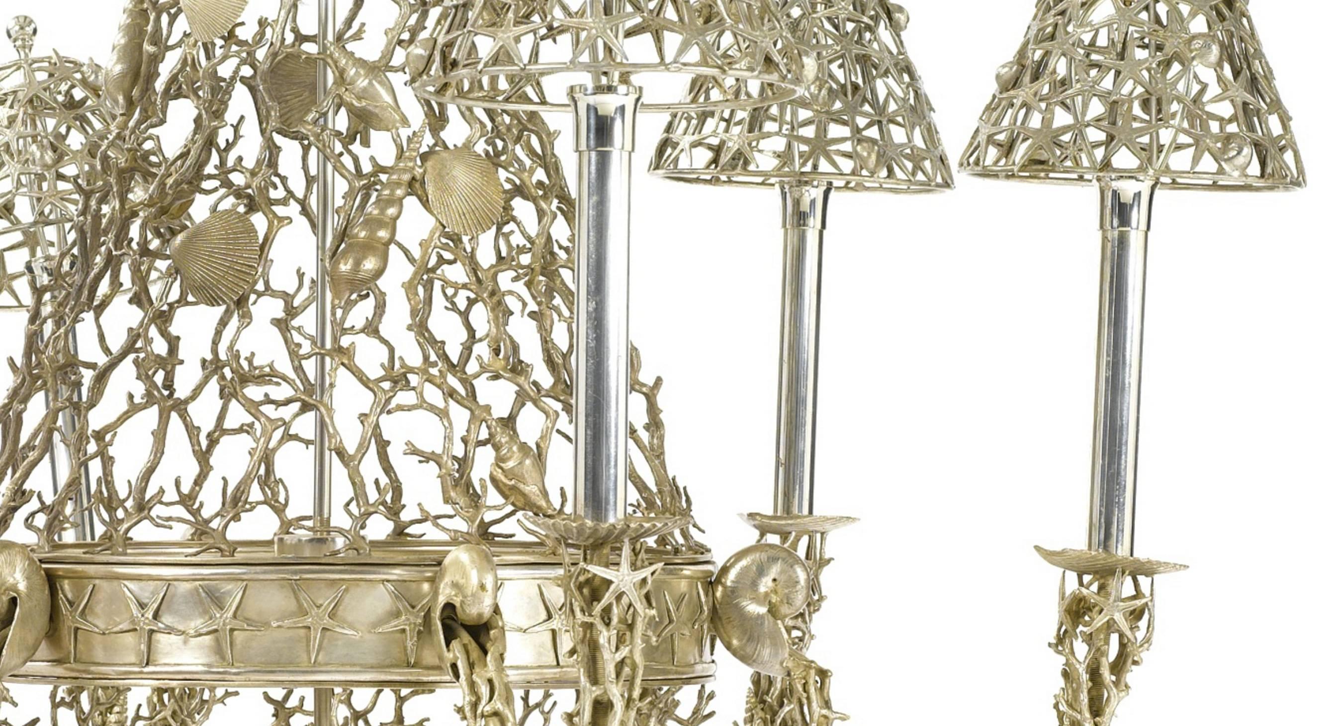 Silver Plated Buccellati Style Six-Light Marine Seashell Nautical Chandelier In Excellent Condition In Queens, NY