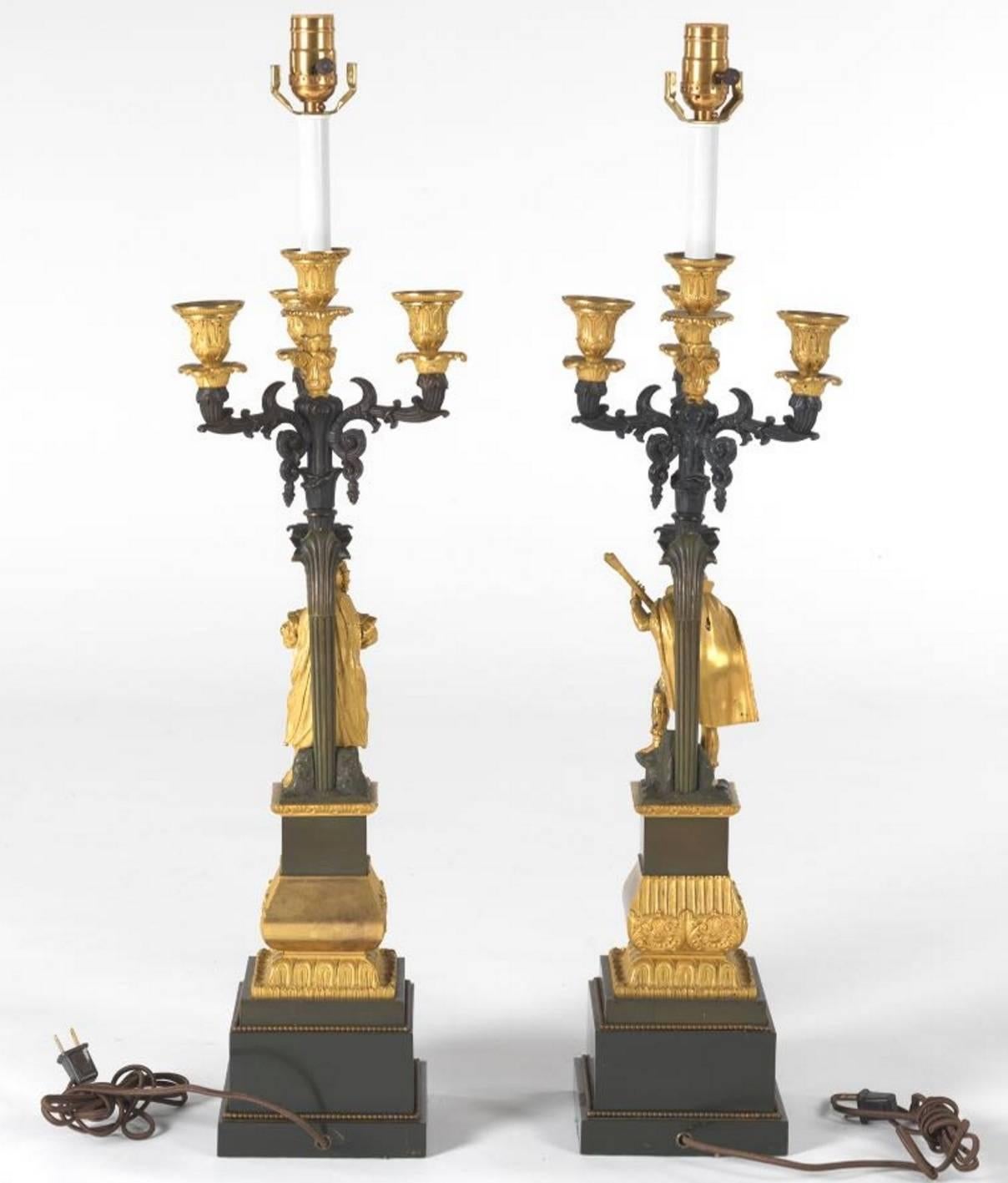 Louis Philippe Pair of French Ormolu and Patinated Bronze Four-Light Candelabra Lamps
