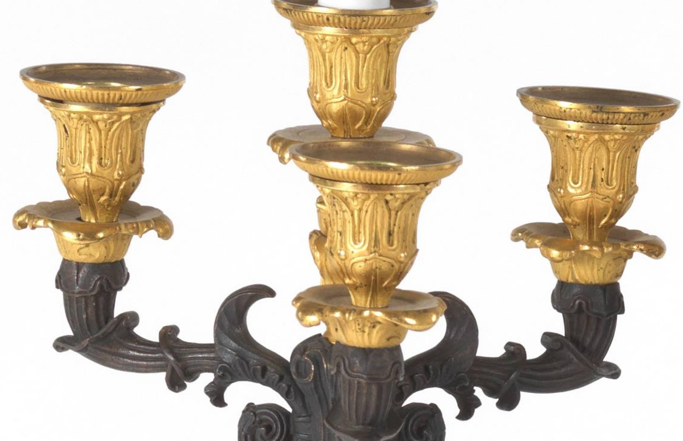 Pair of French Ormolu and Patinated Bronze Four-Light Candelabra Lamps 2