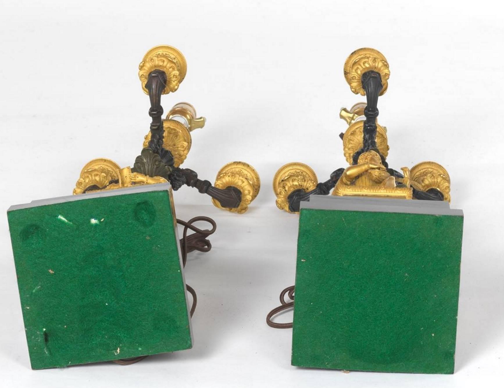Pair of French Ormolu and Patinated Bronze Four-Light Candelabra Lamps 4