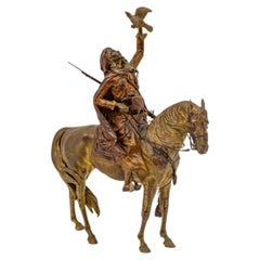 Large Franz Bergman Austrian Cold-Painted Bronze Arab Falconer on Horseback