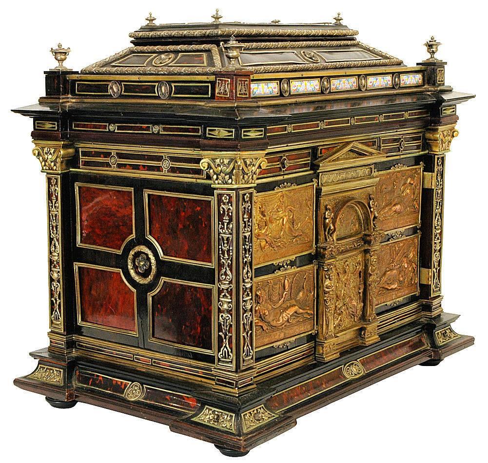 Renaissance Highly Important Silver & Viennese Enamel Mounted Repousse Shell Casket Cabinet