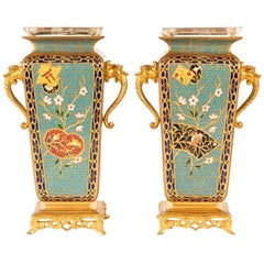 Pair of French Japonisme Bronze Ormolu and Champlevé Cloisonné Enamel Vases