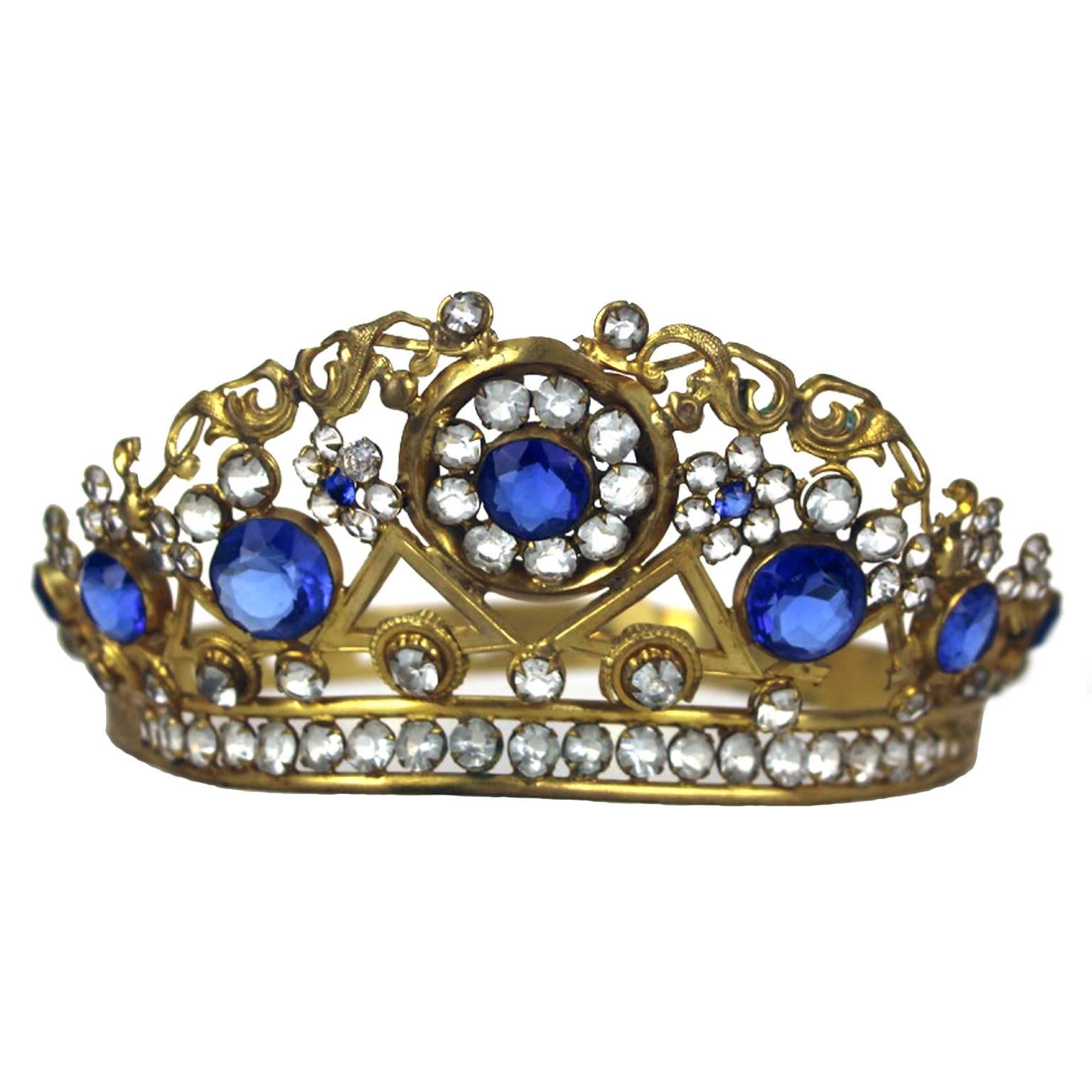 19th Century Antique Santos Gilded Brass Bejeweled Diadem Crown