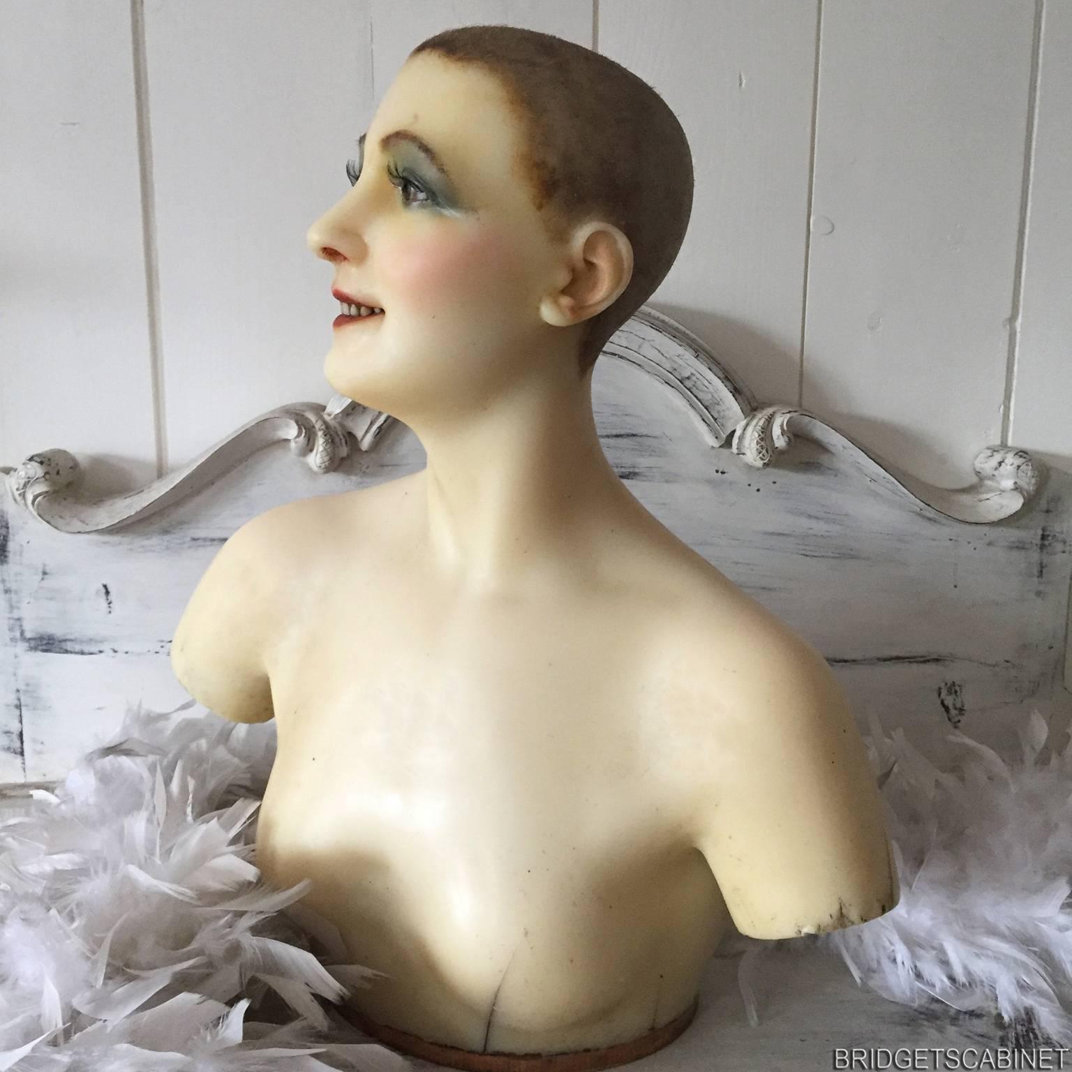 1900s French Wax Bust Head Display Mannequin Doll Flapper  1