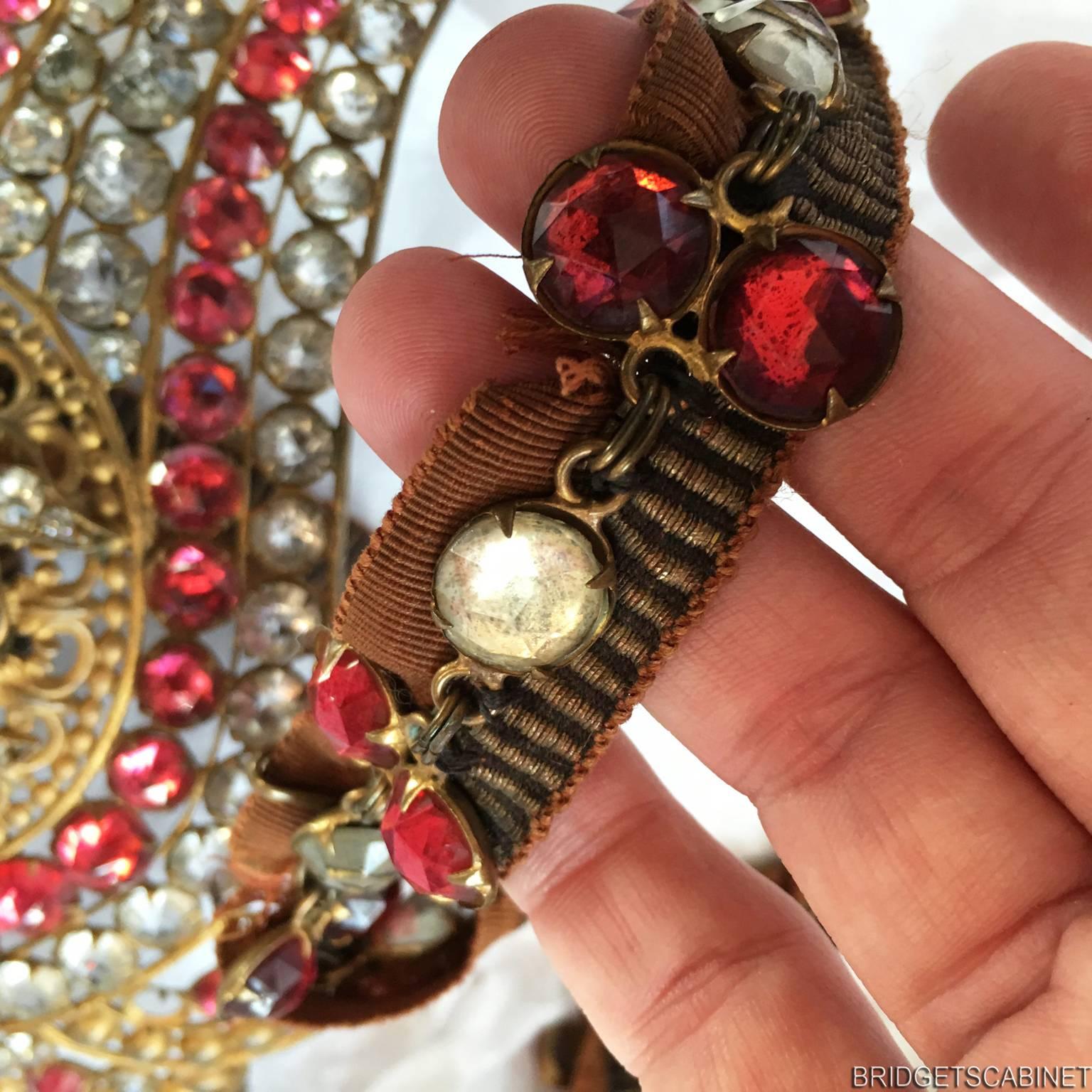 Brass 1920s Cleopatra Mata Hari Stage Crown and Bra Paris Red and Clear Rhinestones For Sale