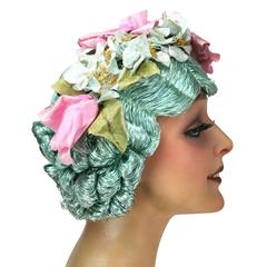 1920s Art Deco Paris Original Flapper Evening Wig Cloche Hair Green W/ Flowers
