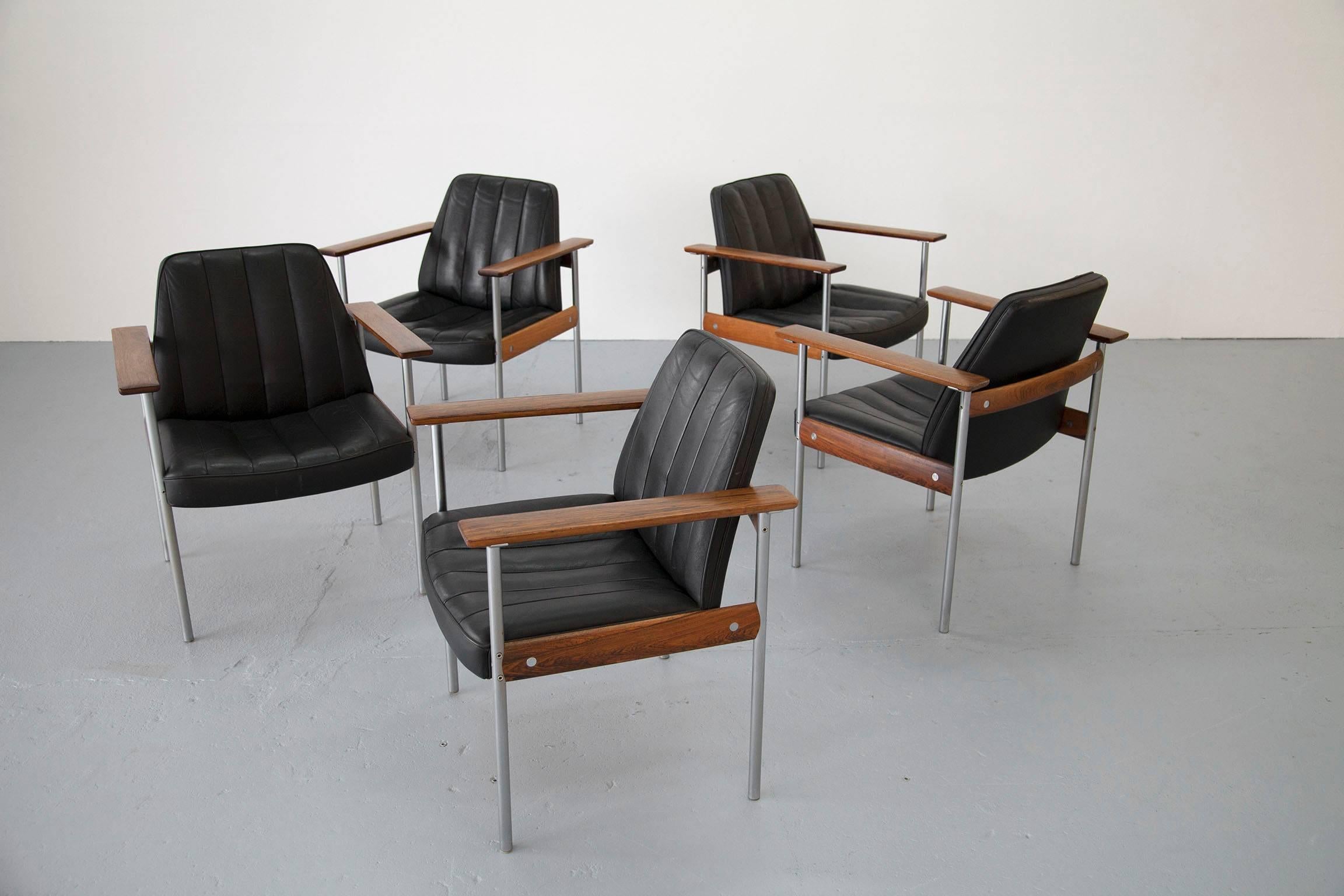 Five Rosewood & Leather Armchairs & Coffee Table by Sven Ivar Dysthe for Dokka 2