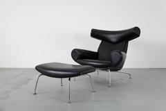 Black Leather "Ox-Chair" with Ottoman by Hans Wegner, A.P. Stolen