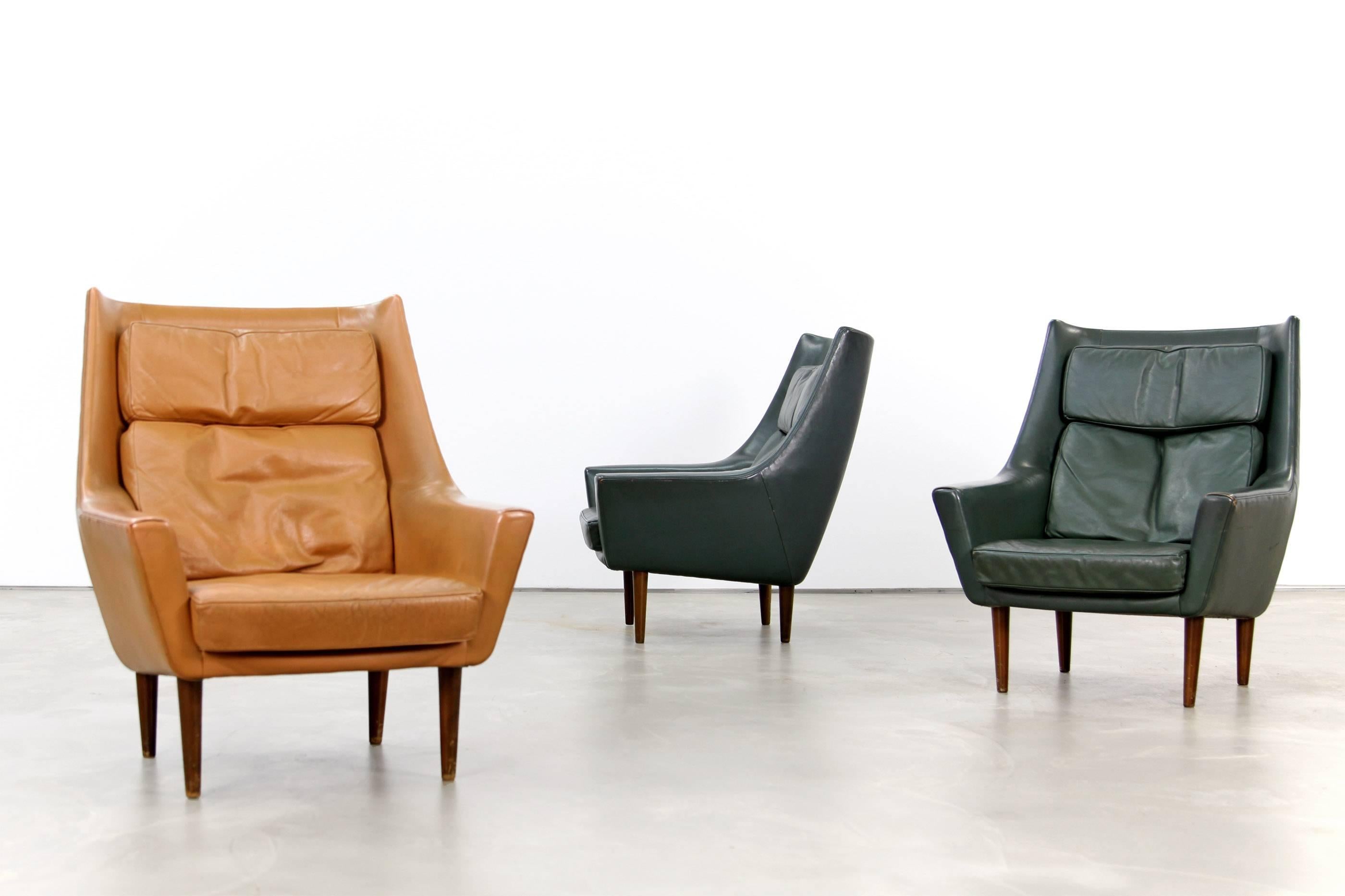 Scandinavian Modern Danish Lounge Chair Attributed to Hans Olsen, with Cognac Original Leather