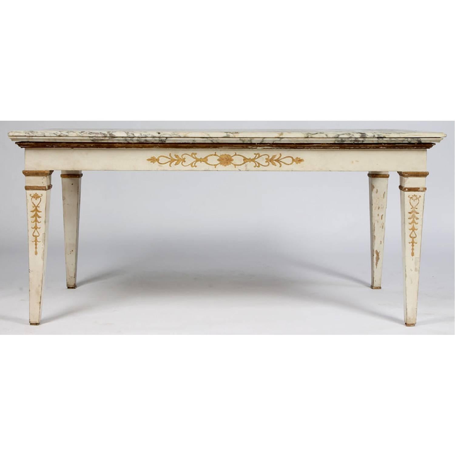 Includes a double thick white marble top.  Some gold and white paint missing.

Architect, Sandy Littman of Duesenberg LTD.  and The American Glass Light Company have been making beautiful objects and collecting gorgeous antiques for nearly 40 years.