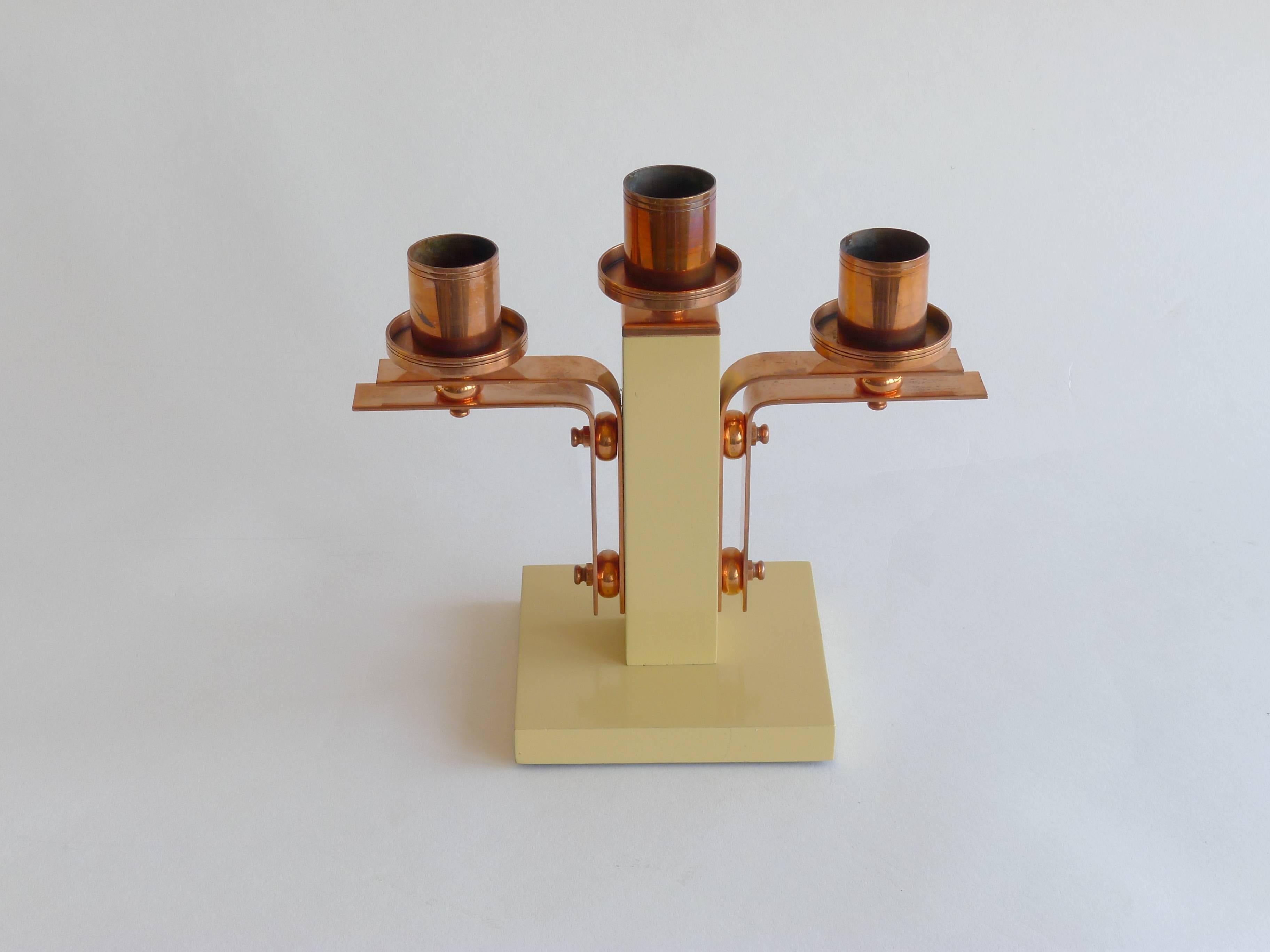 1930s French Art Deco Triple Candelabra in Lacquered Wood and Copper In Good Condition For Sale In Newburgh, NY
