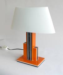 1940s Art Deco Black and Orange Lucite Table Lamps with White Glass Shade