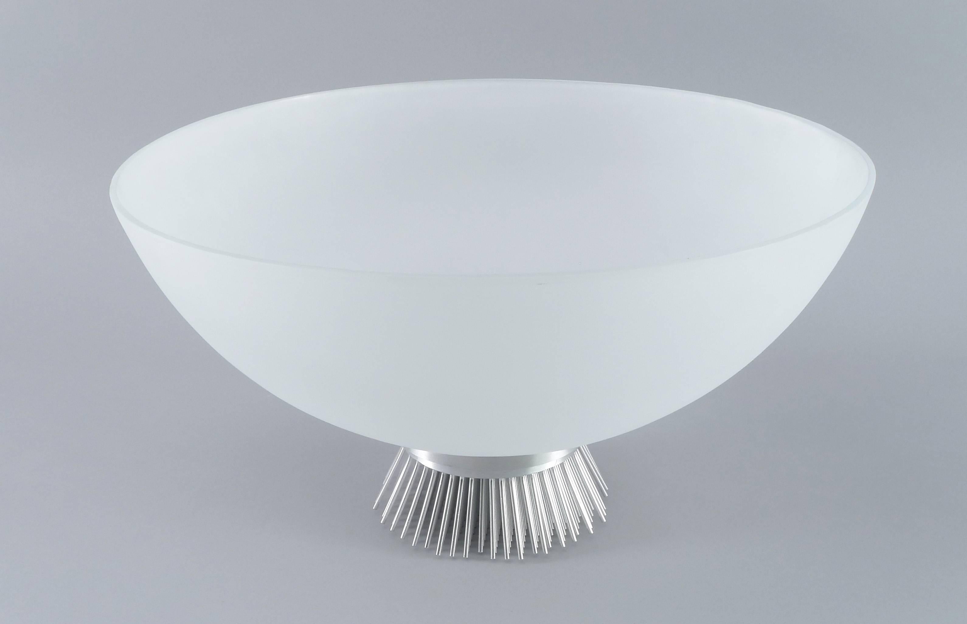 Large bowl centerpiece with spiked aluminum base, center glass bowl is frosted outside. In the style of Bertoria.