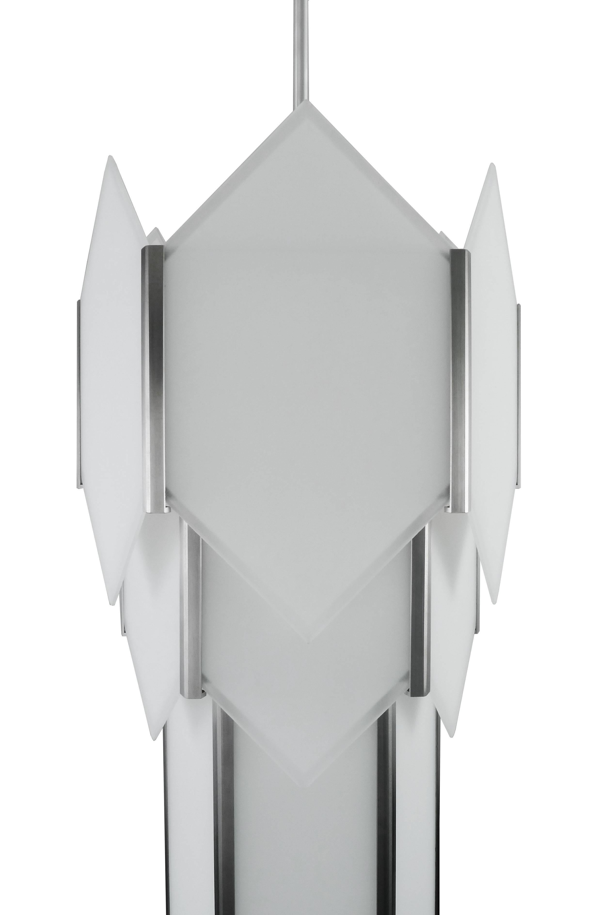 American Art Deco Style Skyscraper Chandelier in Stainless Steel with White Glass Panels For Sale