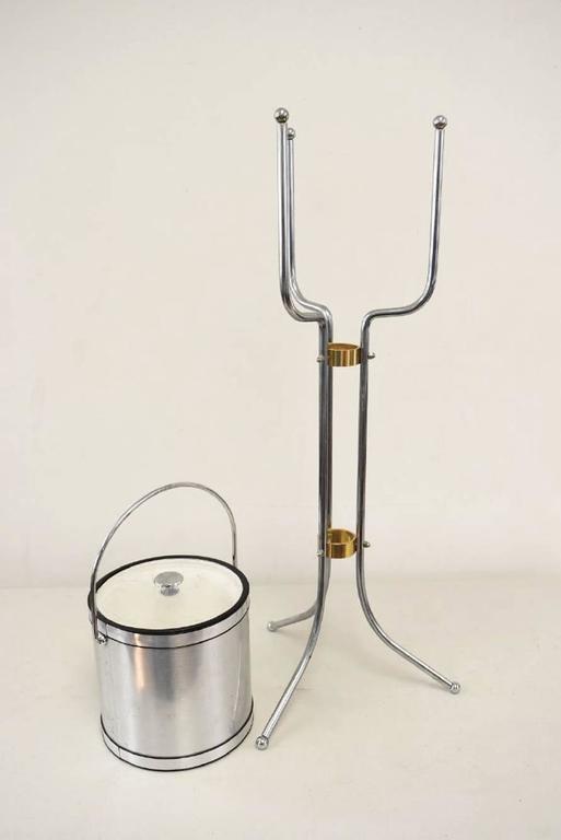 Midcentury Ice Bucket on Stand in Satin Aluminum and Chrome For Sale at