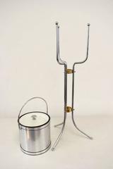 Midcentury Ice Bucket on Stand in Satin Aluminum and Chrome