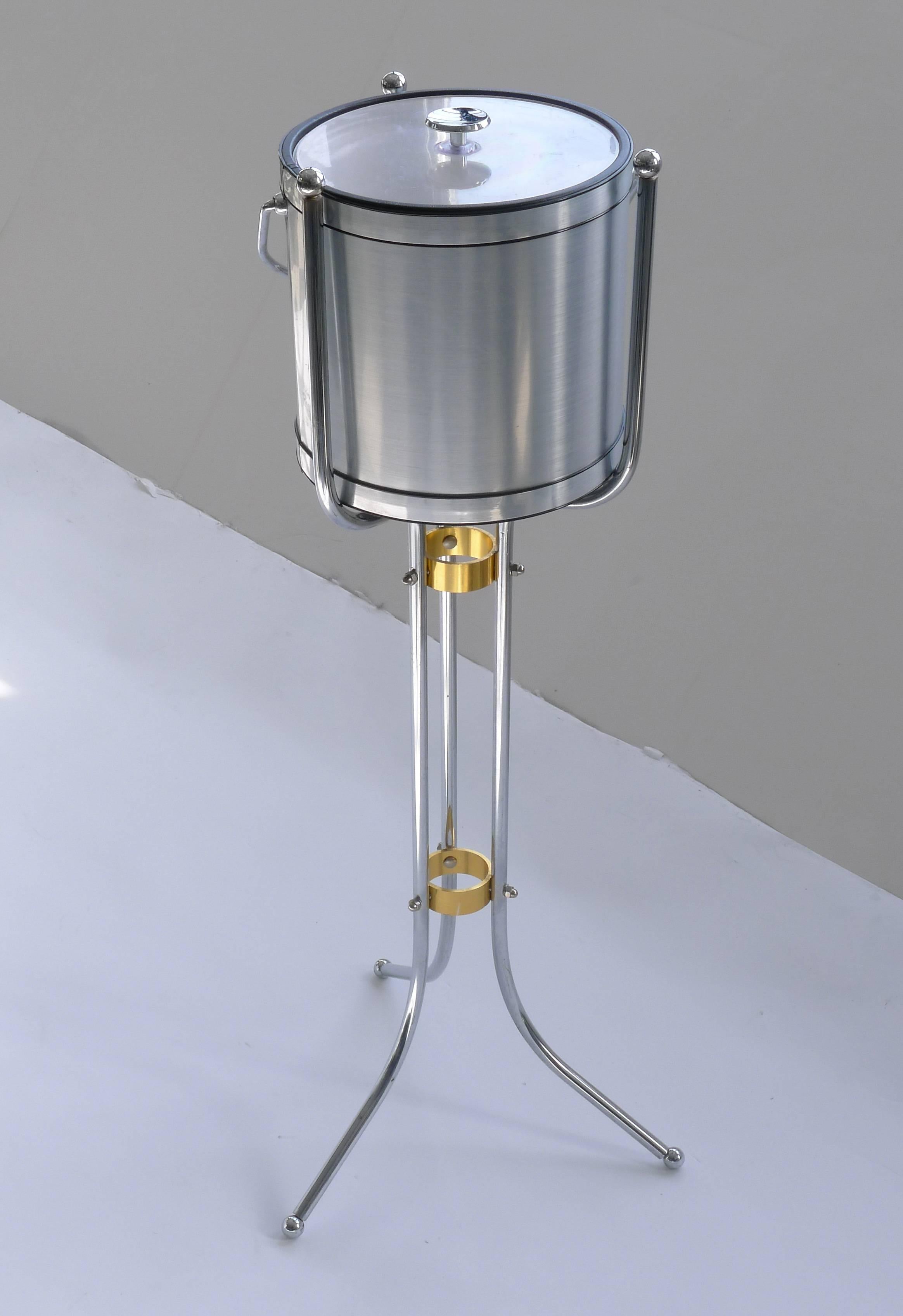 American Midcentury Ice Bucket on Stand in Satin Aluminum and Chrome For Sale