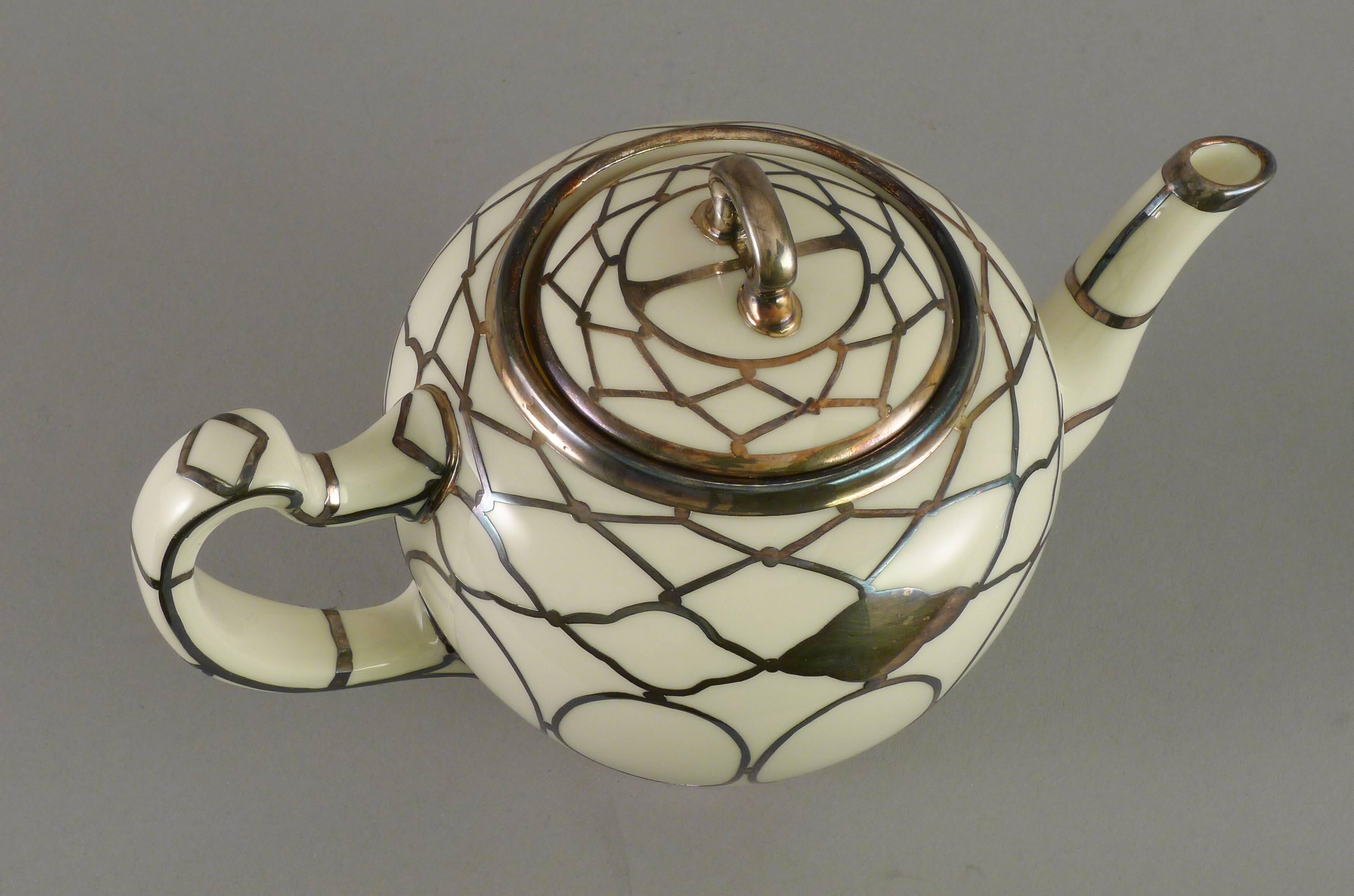 Mid-20th Century Sterling Silver Overlay Lenox Three-Piece Art Deco Tea Set For Sale