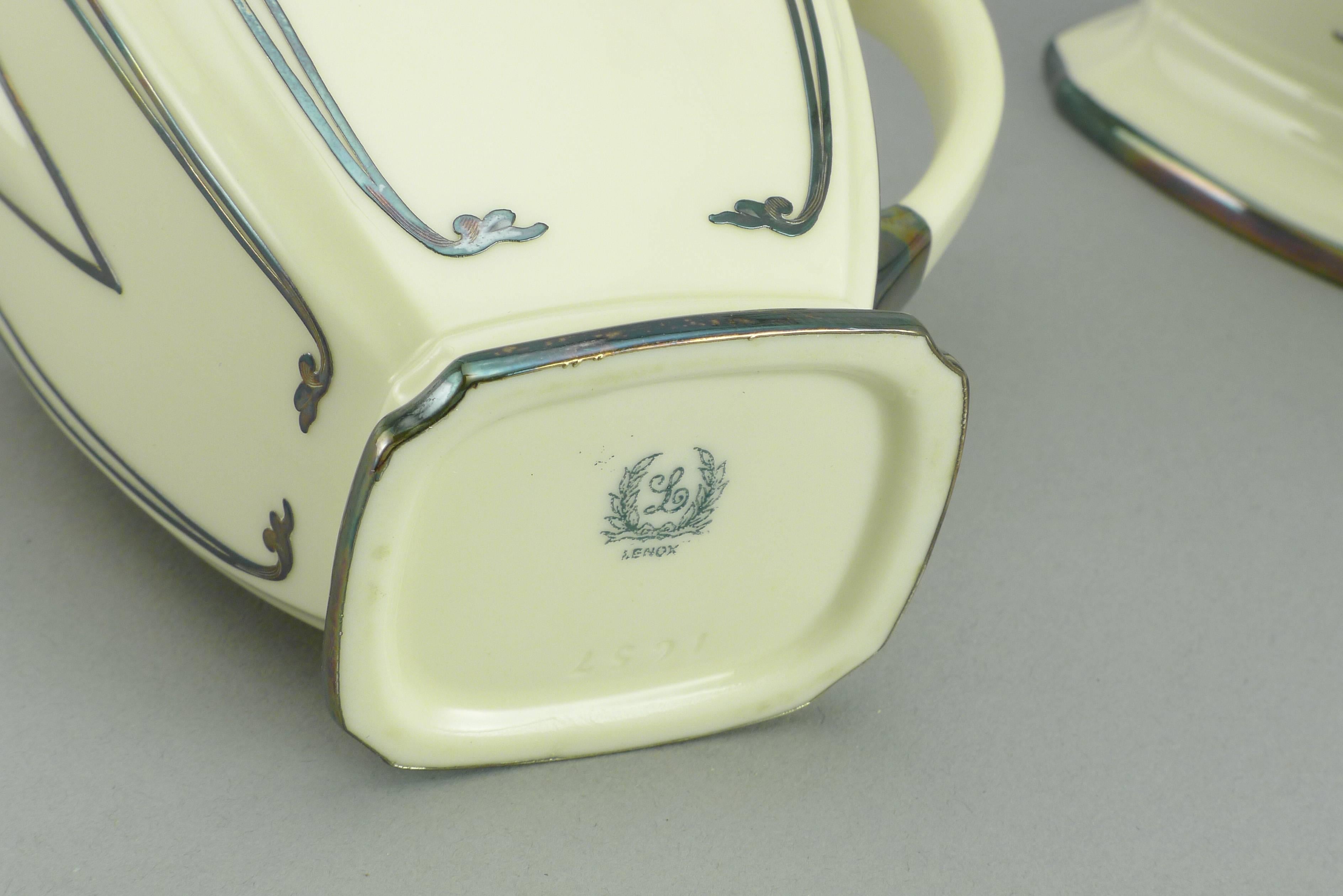 Art Deco Lenox Three-Piece Tea Set with Sterling Silver Overlay For Sale