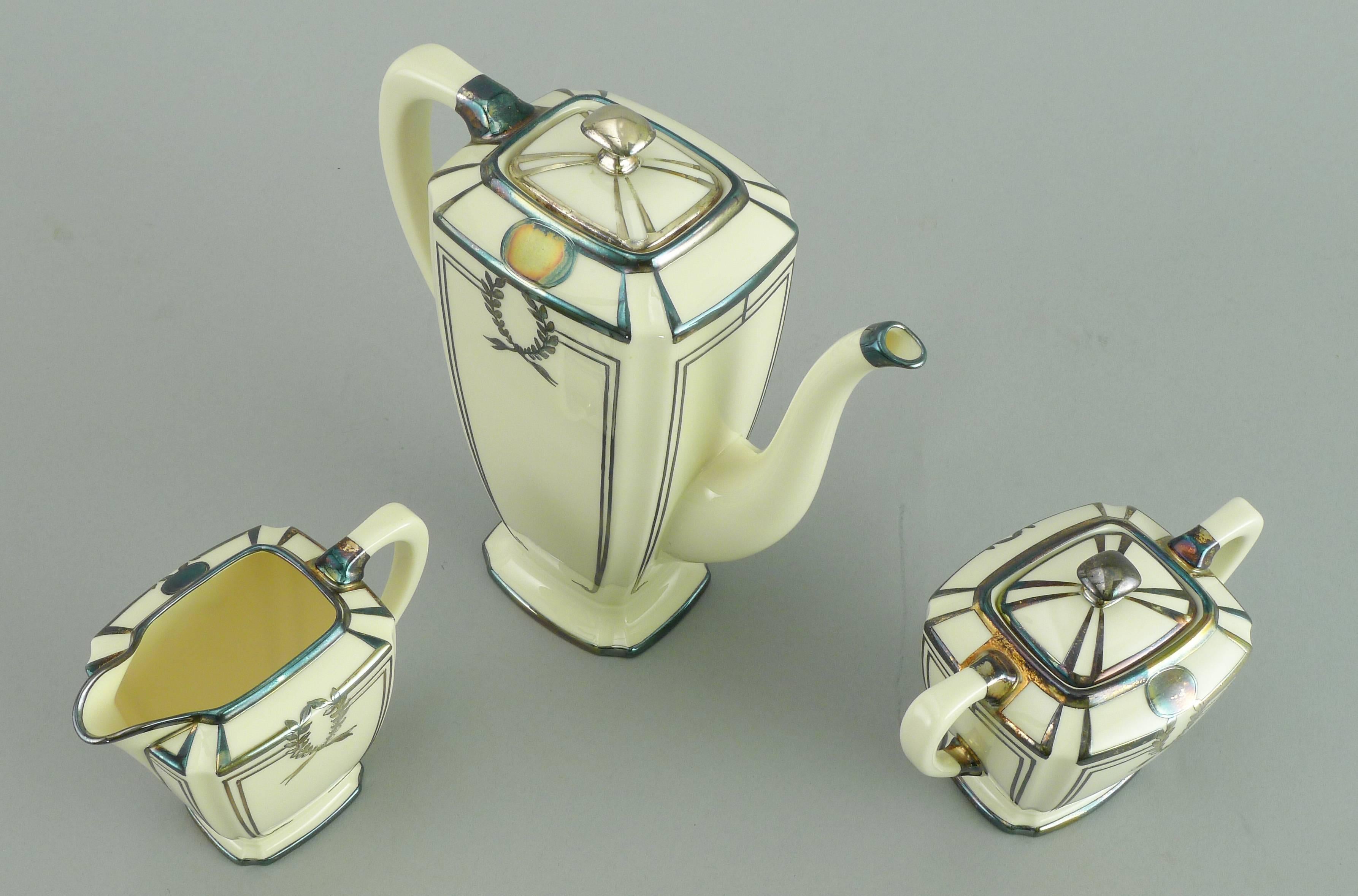 American Lenox Three-Piece Tea Set with Sterling Silver Overlay For Sale