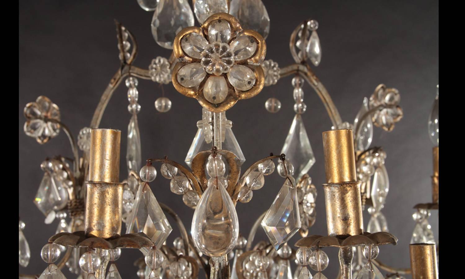 Hollywood Regency Gilt Decorated Wrought Iron and Crystal Eight-Arm Chandelier For Sale 1