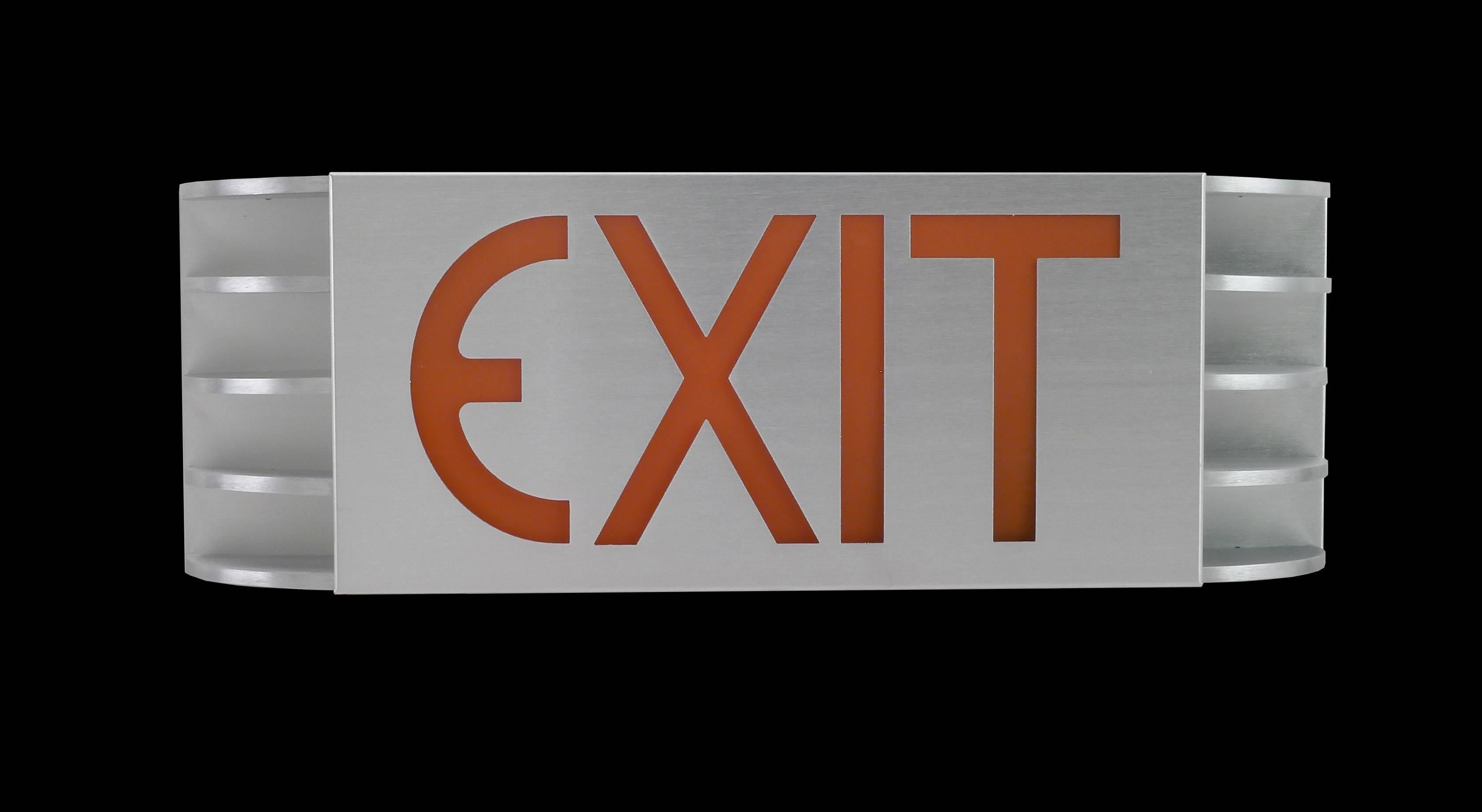 Satin aluminium Art Deco style exit sign. Inspired by an original 1930s Art Deco sign. Please note this was made to replicate a period 1930's exit sign and is not to current codes for exit signs. LED illuminated.

Architect, Sandy Littman of