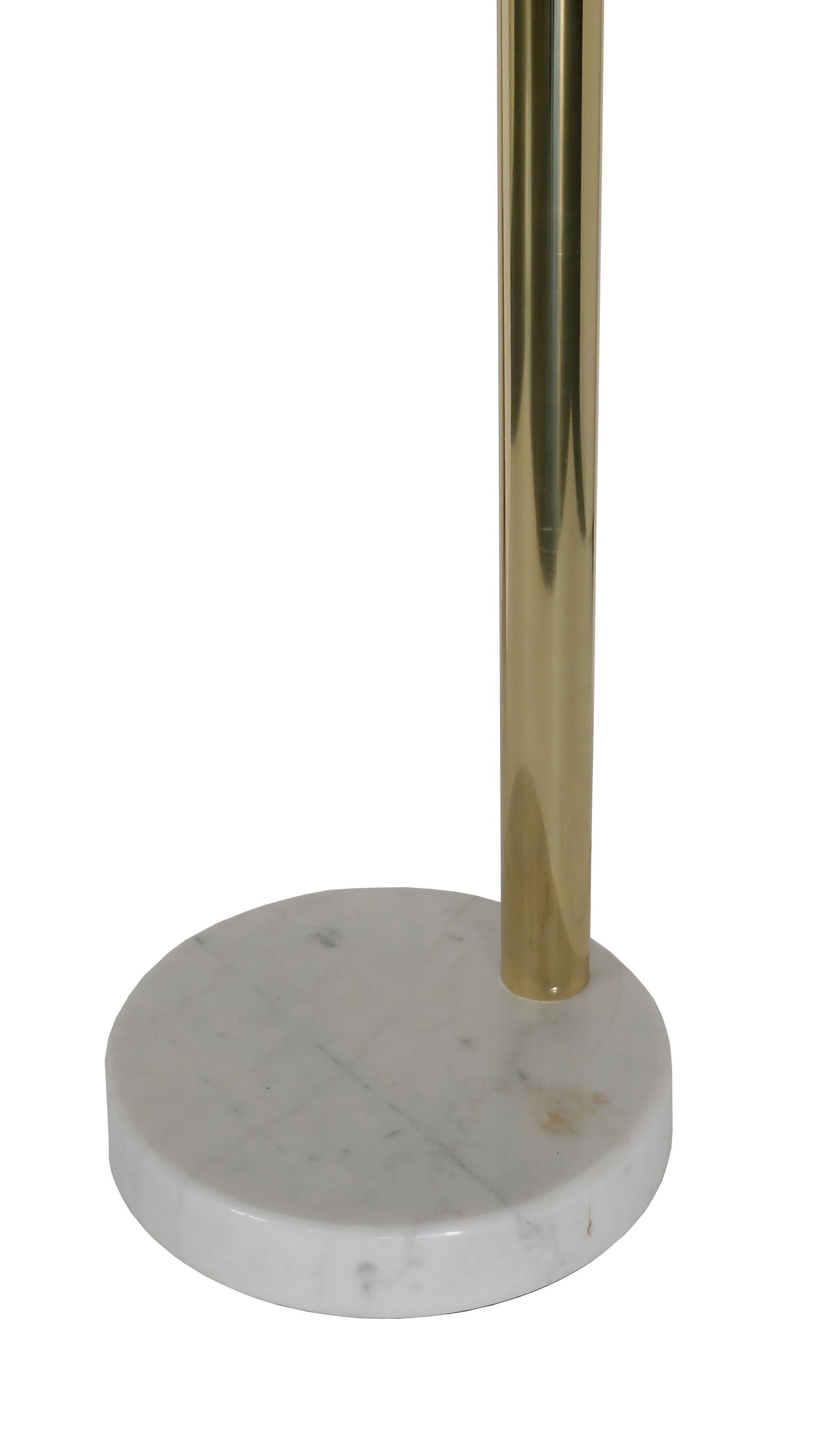 Large-scale Mid-Century Modern floor lamp. Marble base and brass base tube. Lamp has five arms with solid brass ball on each enc. The oval shaped shades can swivel and the arm spread is variable. Incandescent lamping.