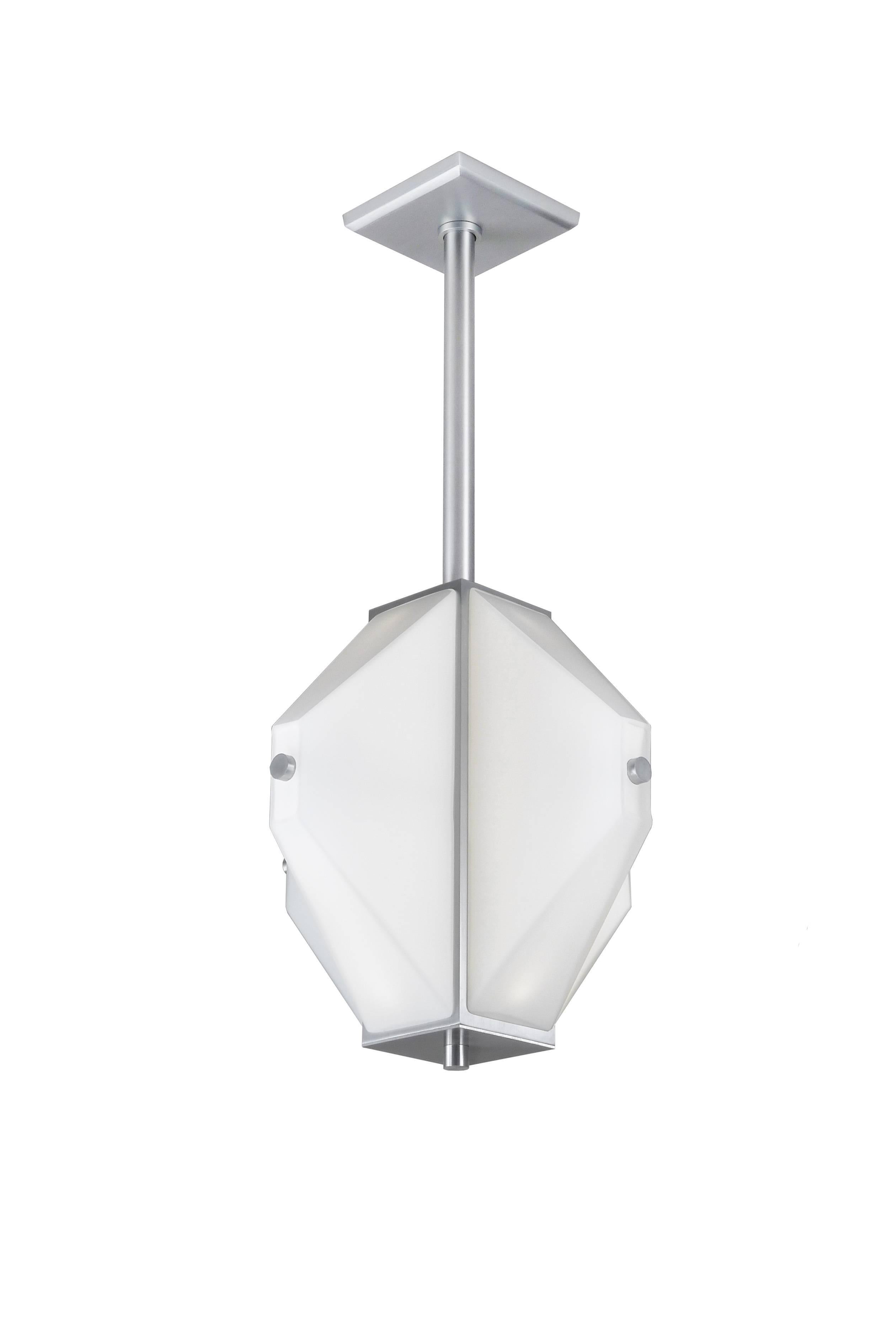 American Mid-Century Modern Style Pendant Light in Tapered White Glass and Satin Aluminum For Sale